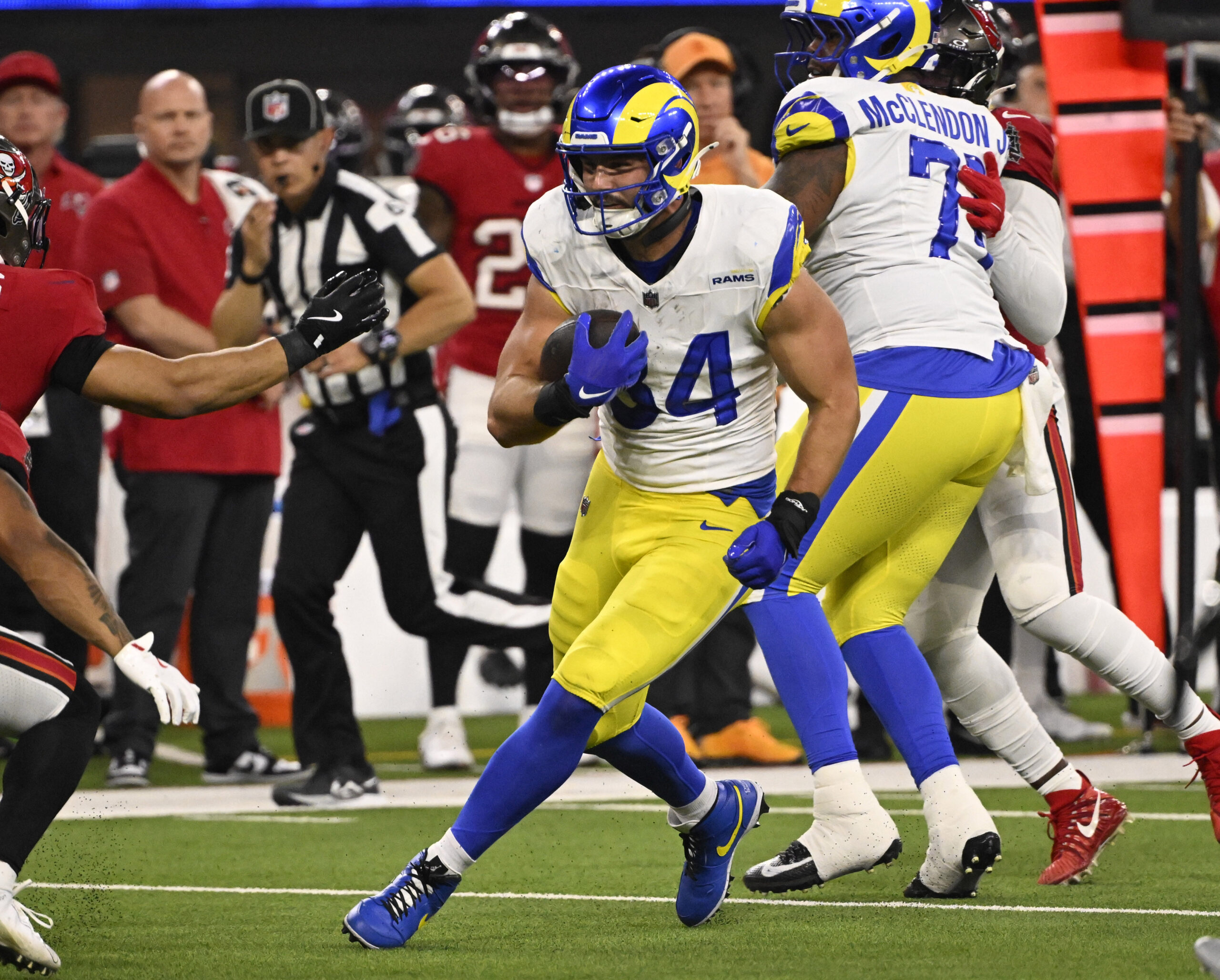 Tight end Colby Parkinson (84) of the Rams catches a...