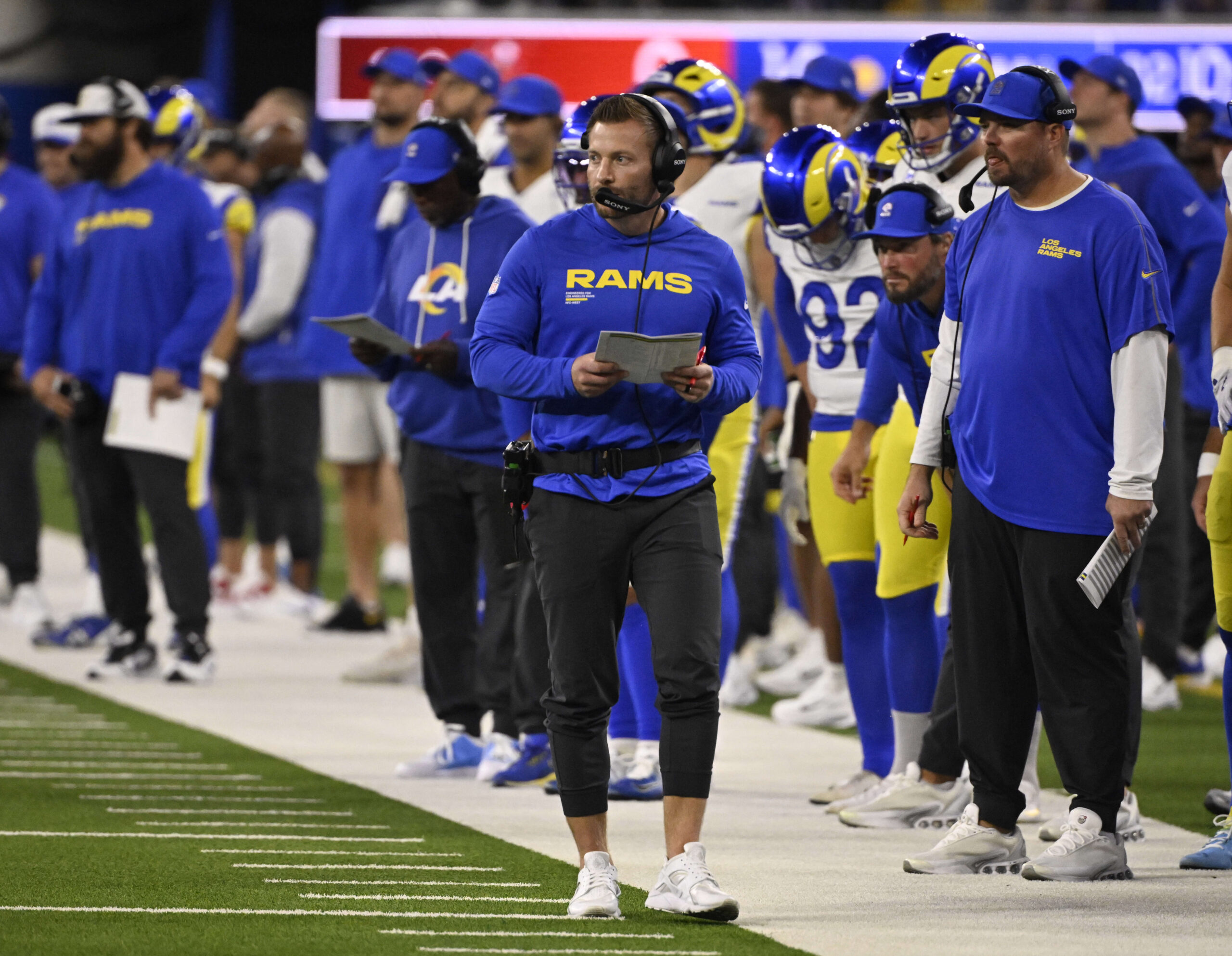 Head coach Sean McVay of the Rams looks on against...
