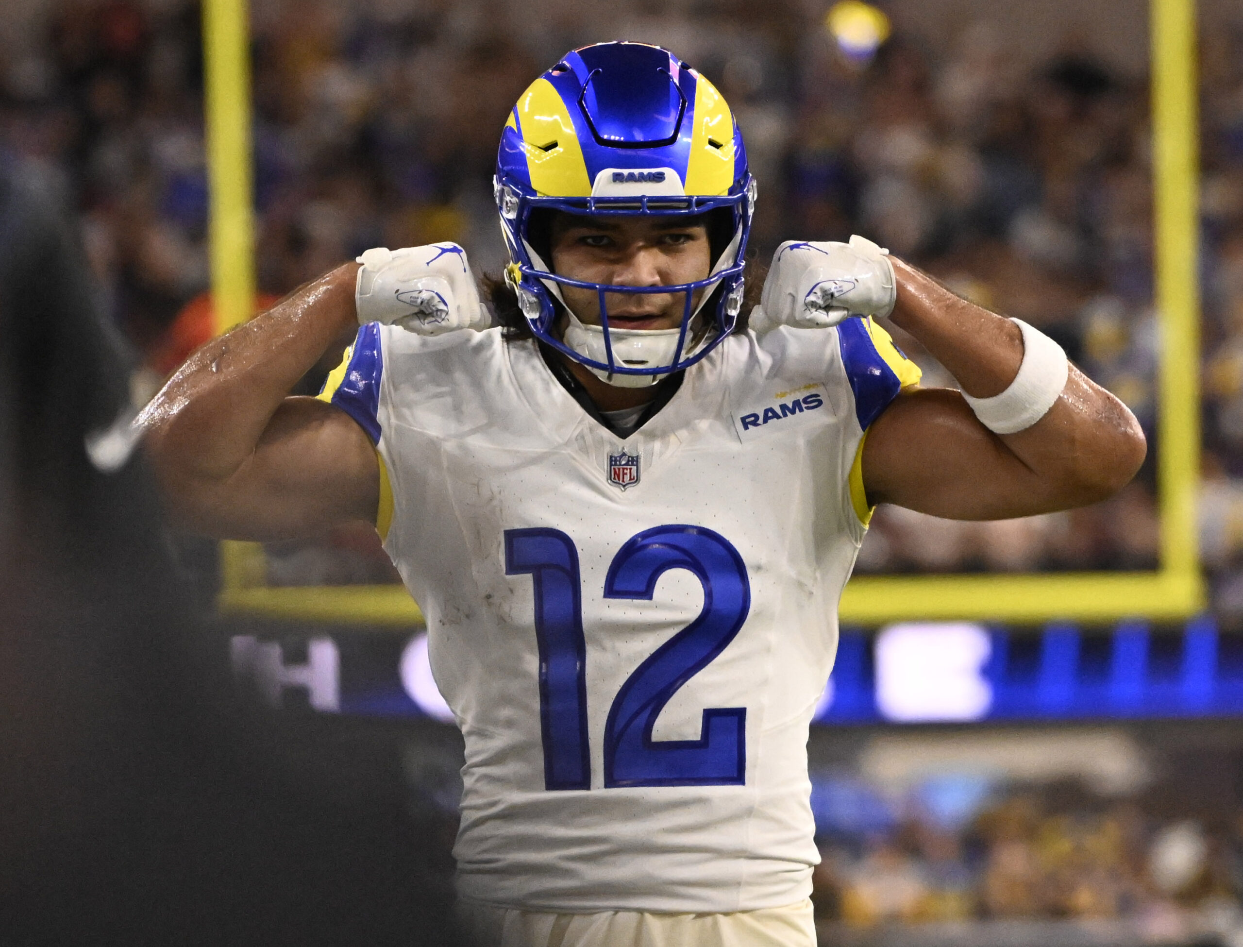 Wide receiver Puka Nacua (12) of the Rams rects after...