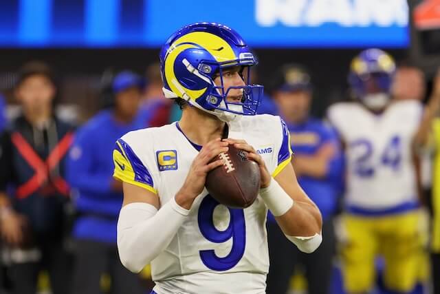 Nov 23, 2025; Inglewood, California, USA; Los Angeles Rams quarterback Matthew Stafford (9) looks to pass the ball against the Tampa Bay Buccaneers during the second quarter at SoFi Stadium. Mandatory Credit: Kiyoshi Mio-Imagn Images Matthew Stafford, Rams