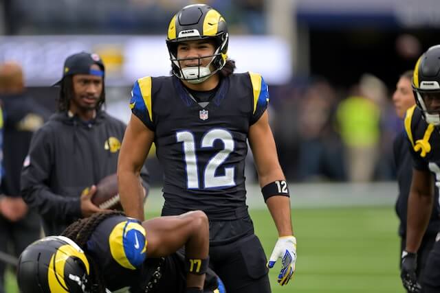 Nov 16, 2025; Inglewood, California, USA; Los Angeles Rams wide receiver Puka Nacua (12) warms up prior to the game against the Seattle Seahawks at SoFi Stadium. Mandatory Credit: Jayne Kamin-Oncea-Imagn Images Puka Nacua, Rams