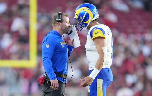 Nov 9, 2025; Santa Clara, California, USA; Los Angeles Rams head coach Sean McVay talks with Los Angeles Rams quarterback Matthew Stafford (9) during the fourth quarter against the San Francisco 49ers at Levi's Stadium. Mandatory Credit: Kyle Terada-Imagn Images Sean McVay, Matthew Stafford, Rams
