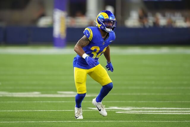 Aug 12, 2023; Inglewood, California, USA; Los Angeles Rams safety Tanner Ingle (34) against the Los Angeles Chargers at SoFi Stadium. Mandatory Credit: Kirby Lee-USA TODAY Sports Tanner Ingle, Rams