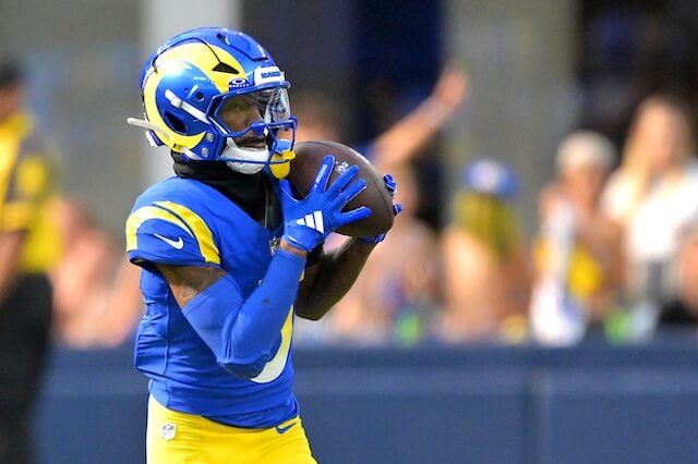 Sep 28, 2025; Inglewood, California, USA; Los Angeles Rams wide receiver Tutu Atwell (5) runs for a touchdown on an 88 yard pass play in the fourth quarter against the Indianapolis Colts at SoFi Stadium. Mandatory Credit: Jayne Kamin-Oncea-Imagn Images Tutu Atwell, Rams