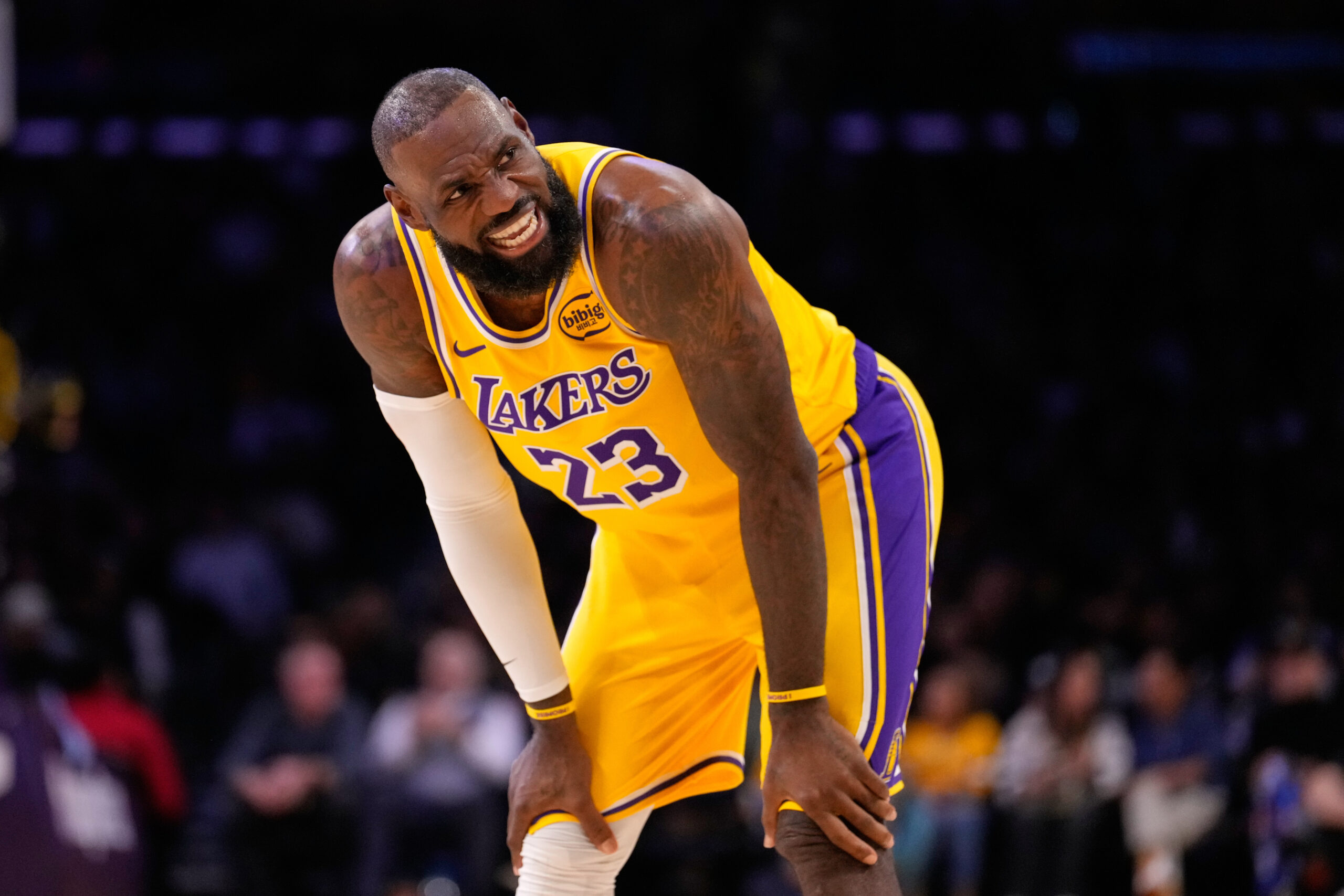 Lakers forward LeBron James talks to a referee during the...