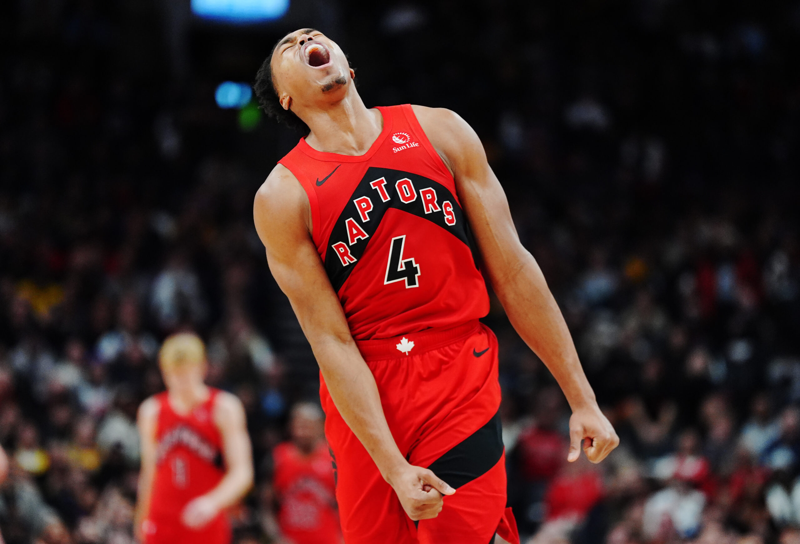 The Toronto Raptors’ Scottie Barnes reacts after a missed shot...