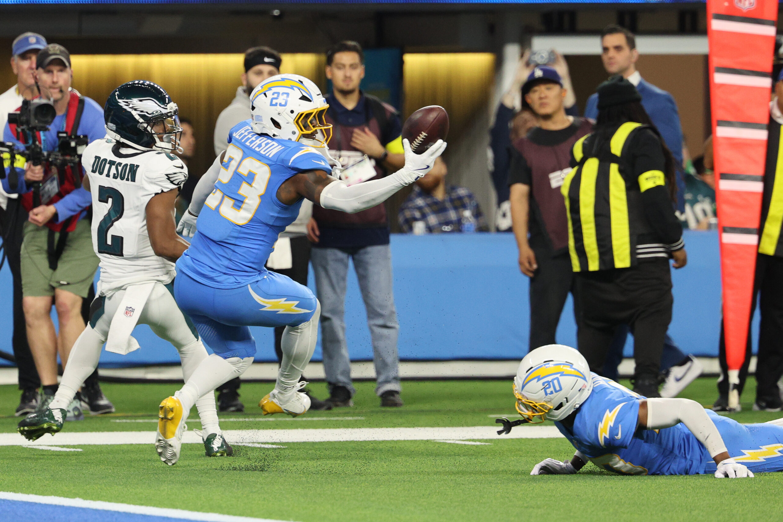 Chargers safety Tony Jefferson (23) intercepts a tipped pass intended...