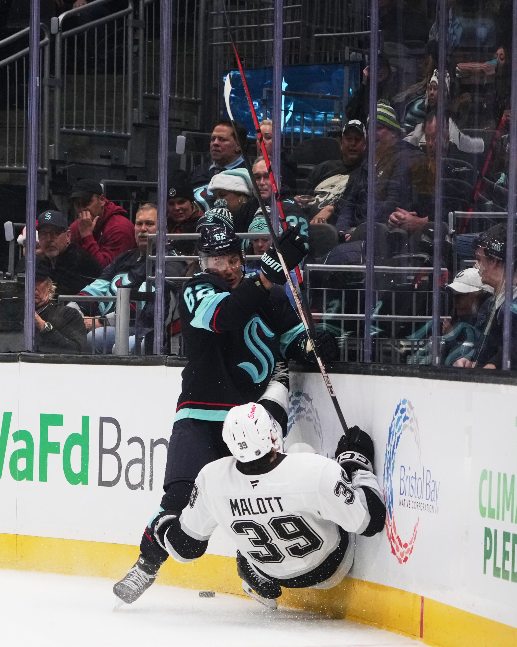 Seattle Kraken defenseman Brandon Montour (62) throws Kings left wing...