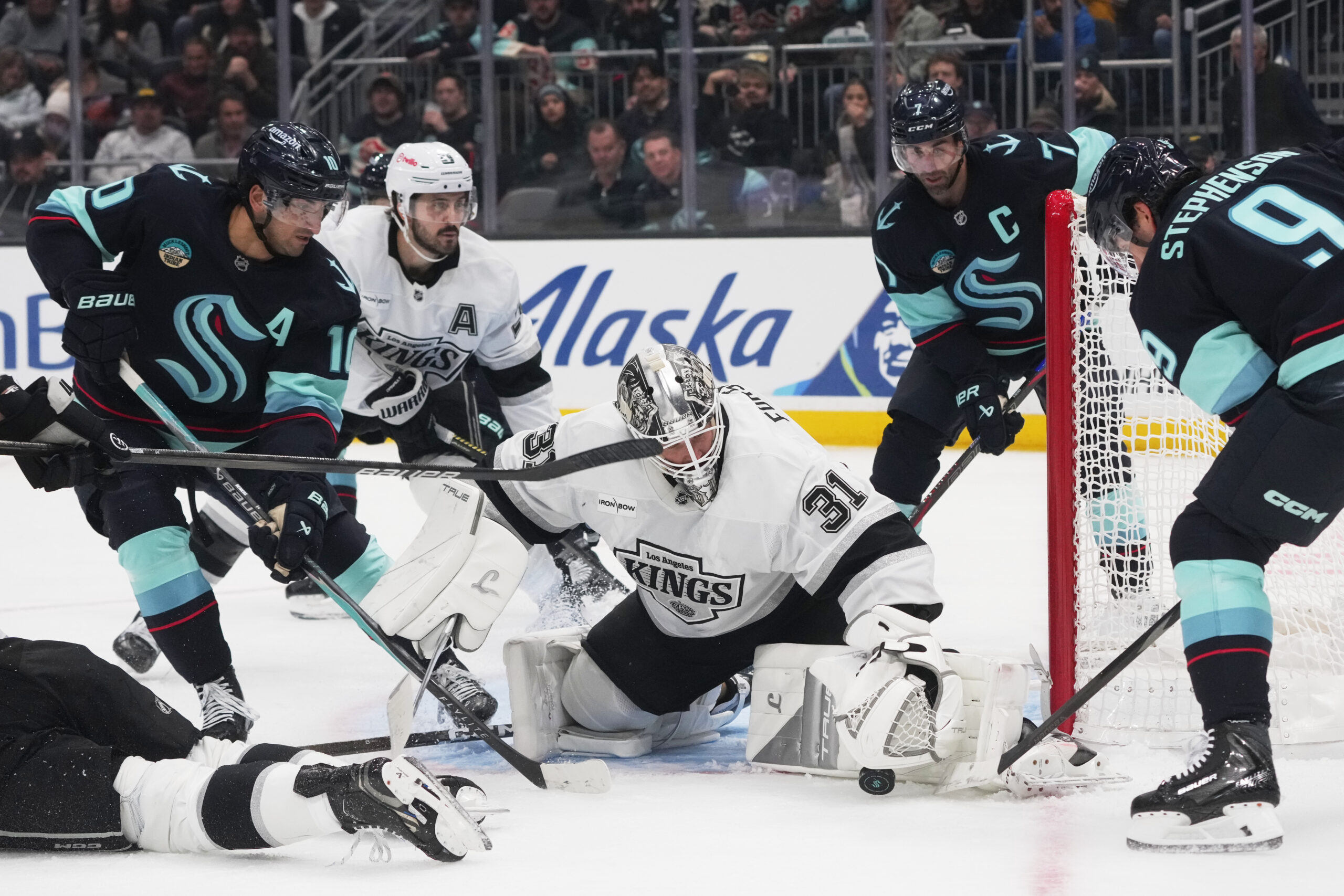 Kings goaltender Anton Forsberg (31) stops a shot from Seattle...