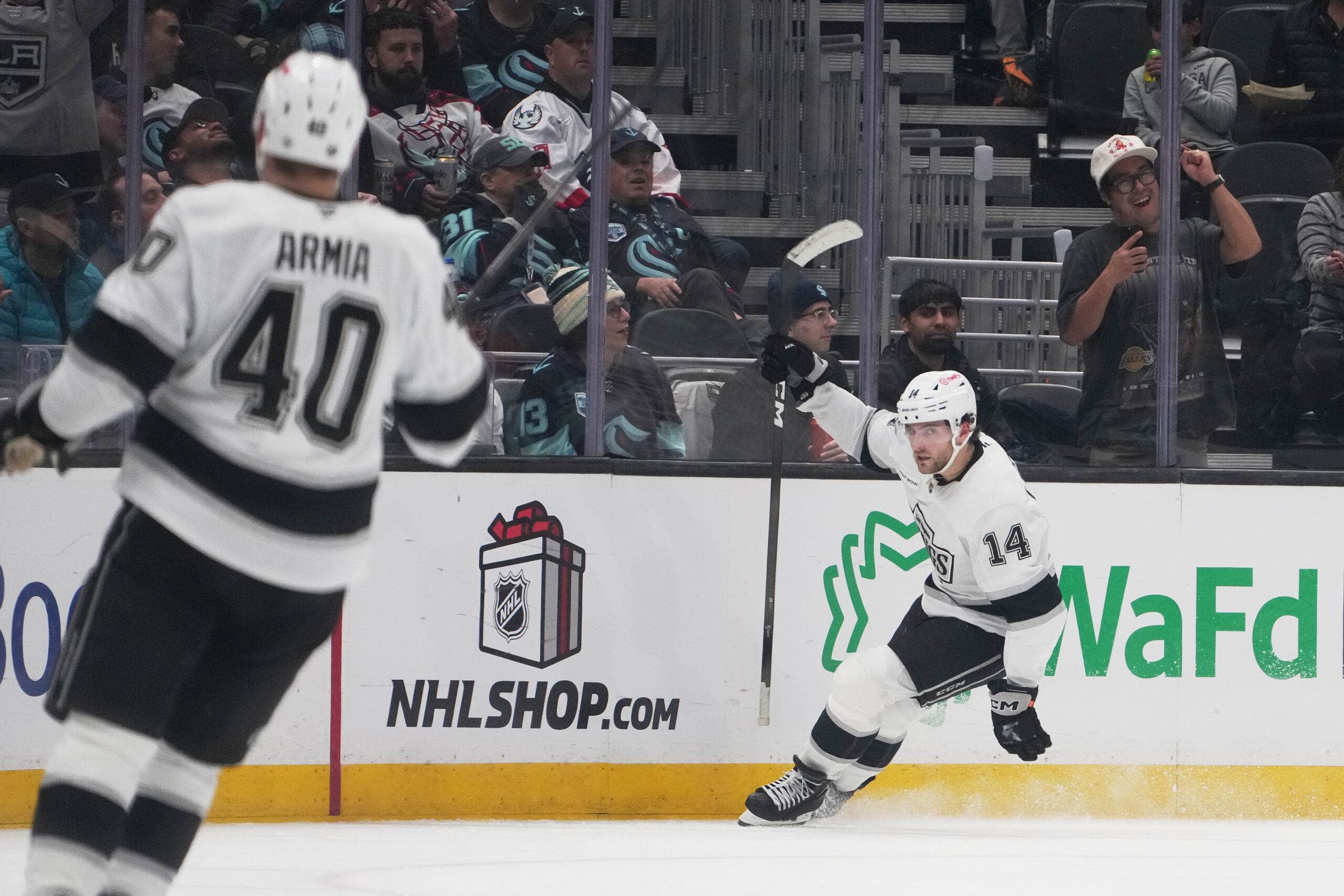 Kings right wing Alex Laferriere (14) celebrates his goal against...