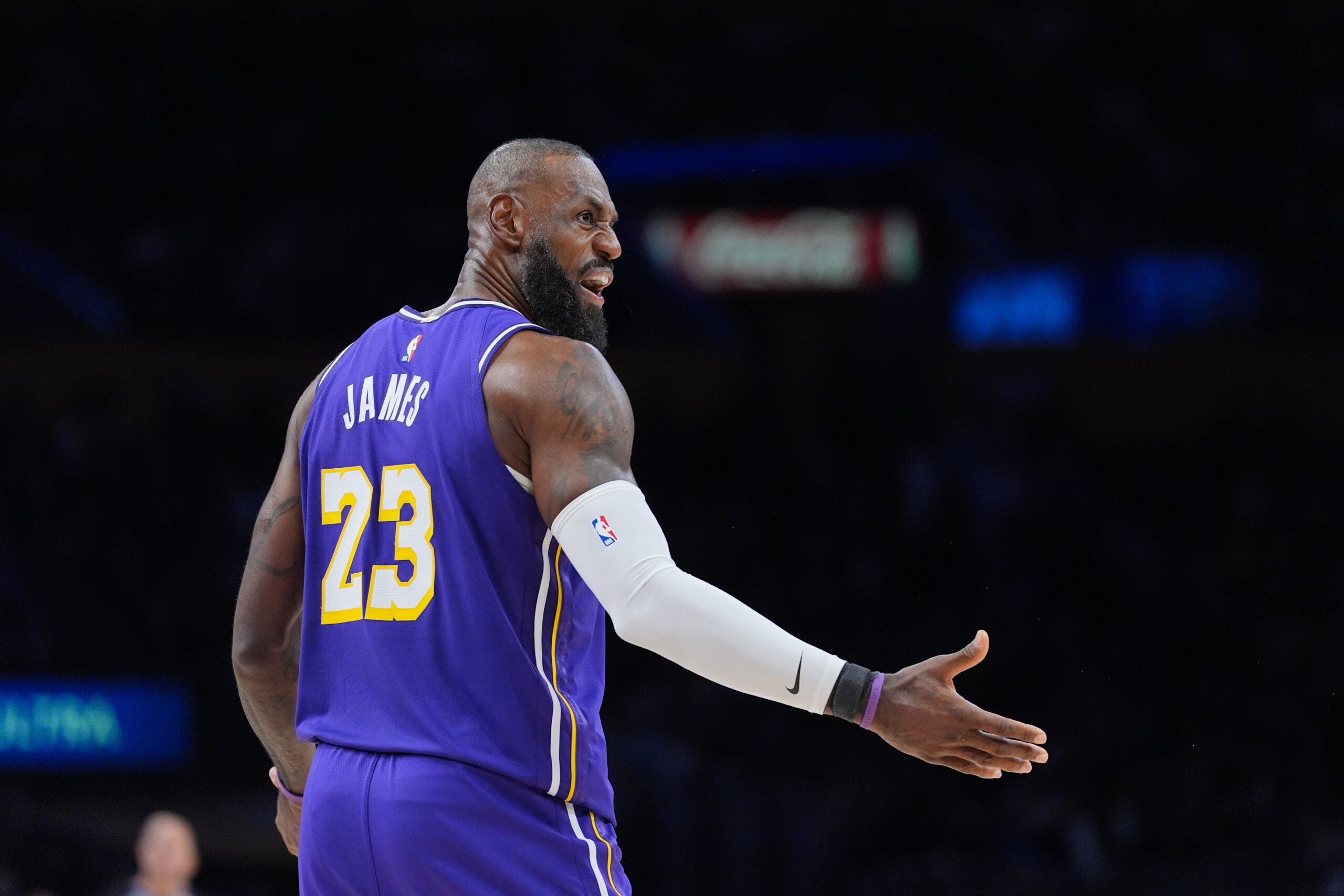 Lakers forward Lebron James reacts to a foul call during...