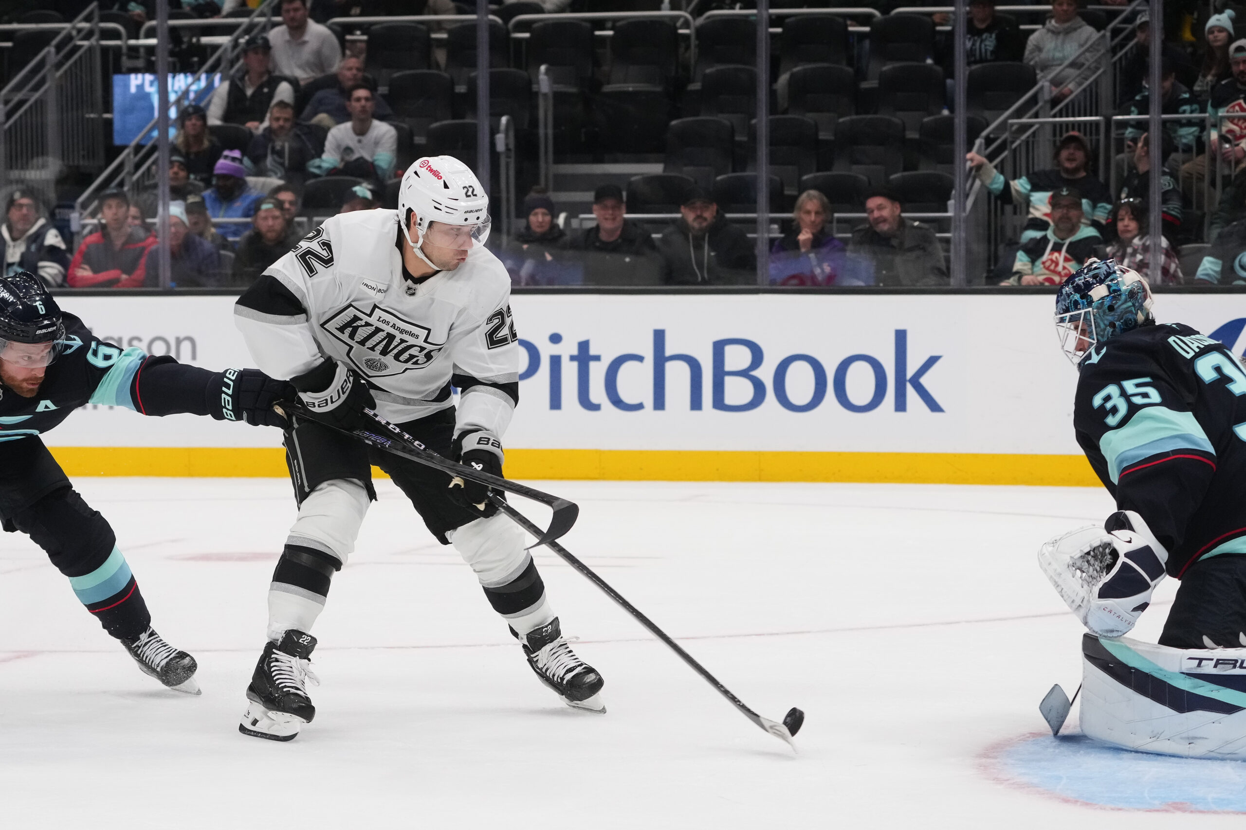 Kings left wing Kevin Fiala (22) scores against Seattle Kraken...