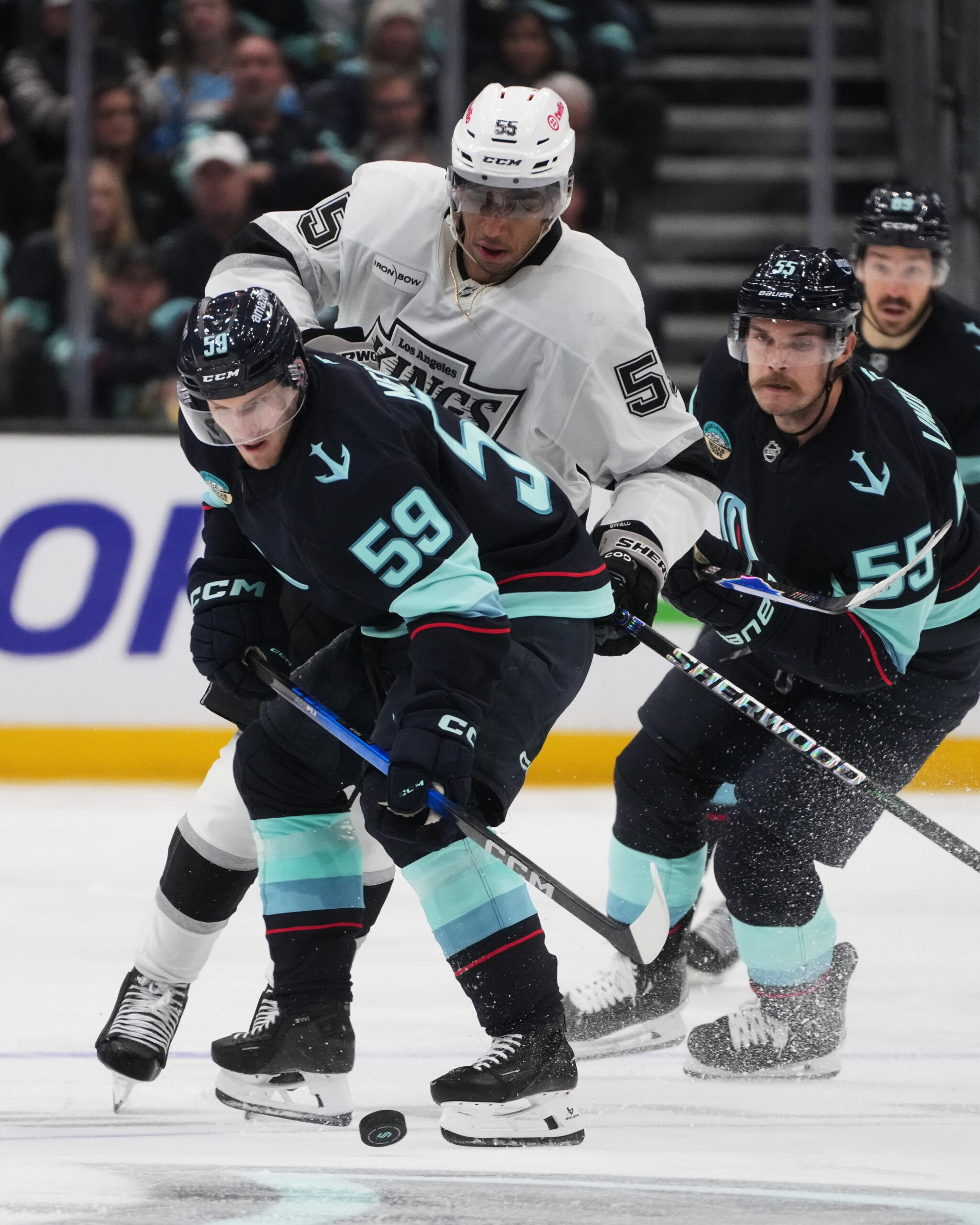 Seattle Kraken center Ben Meyers looks on against Kings right...