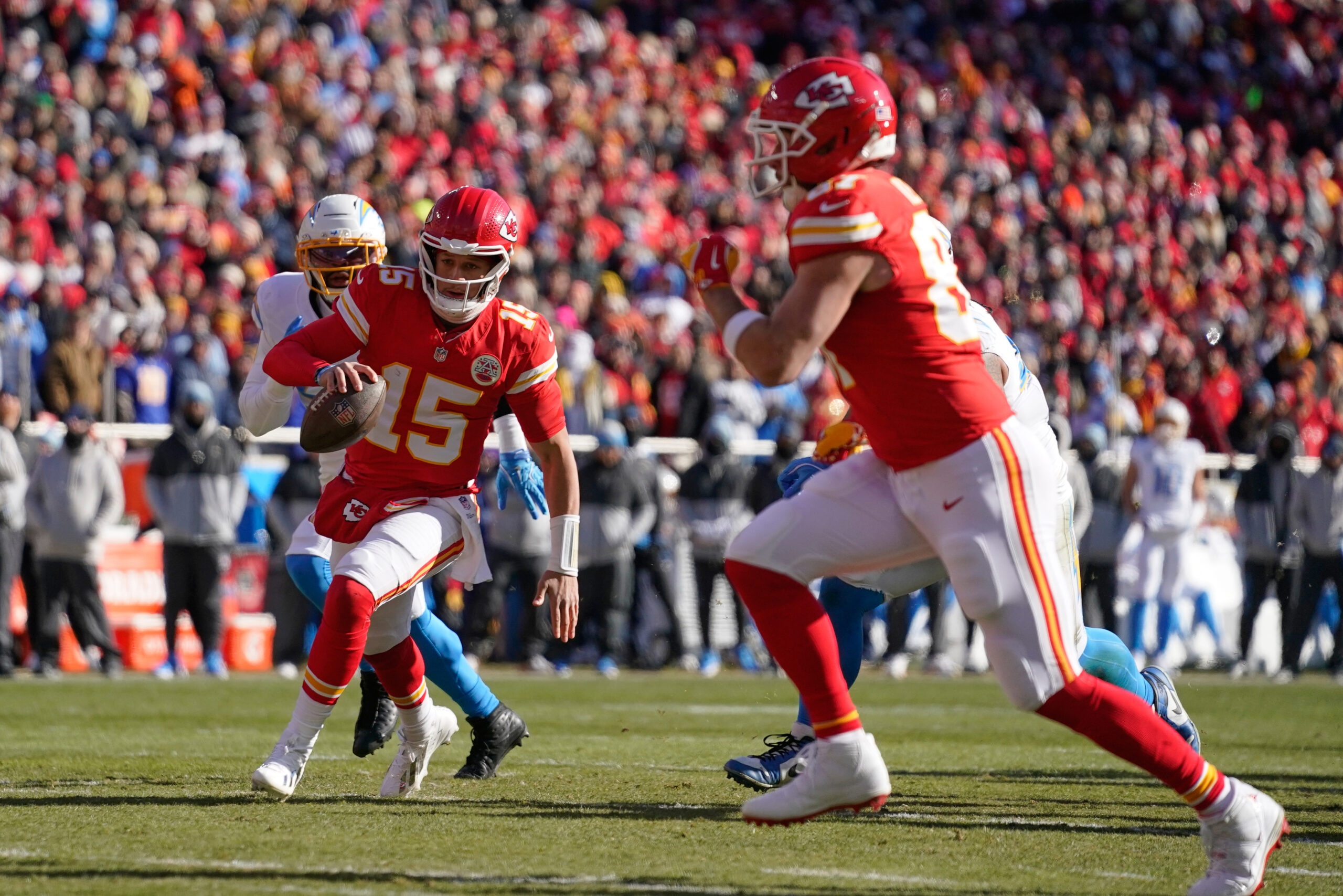 Kansas City Chiefs quarterback Patrick Mahomes (15) runs for the...