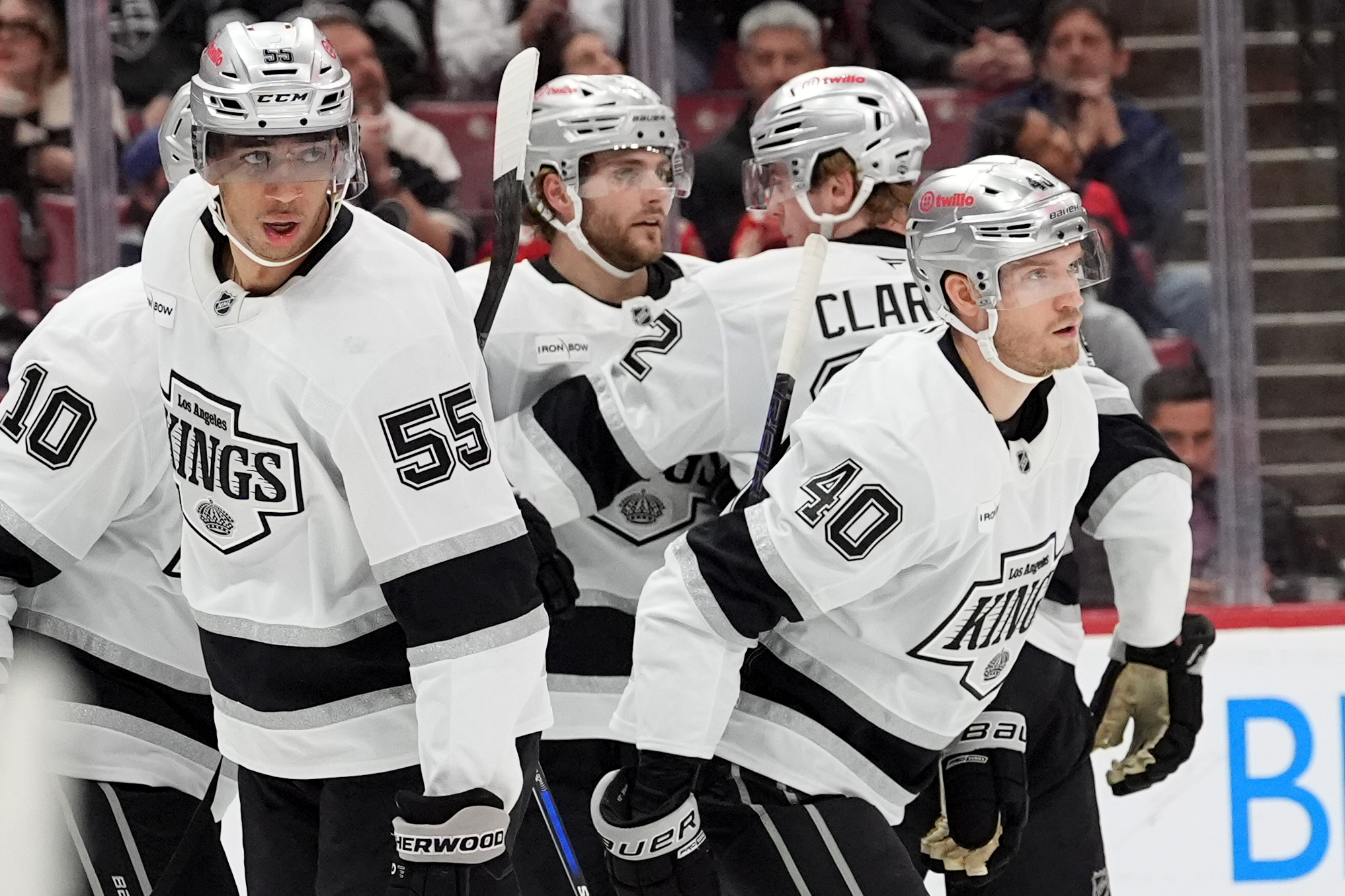 Kings right wing Joel Armia (40) celebrates with teammates after...