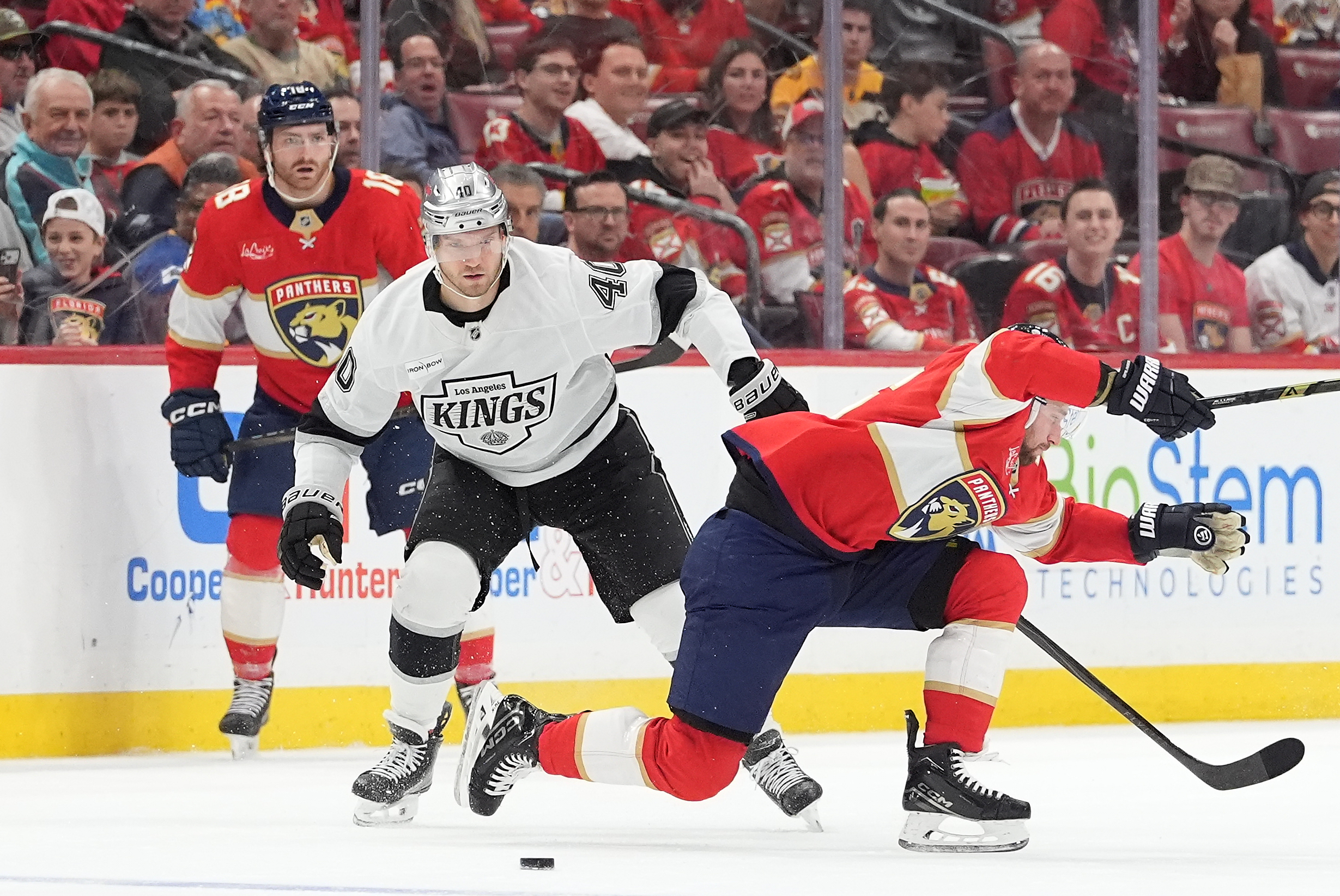 Florida Panthers defenseman Uvis Balinskis, right, clashes with Kings right...