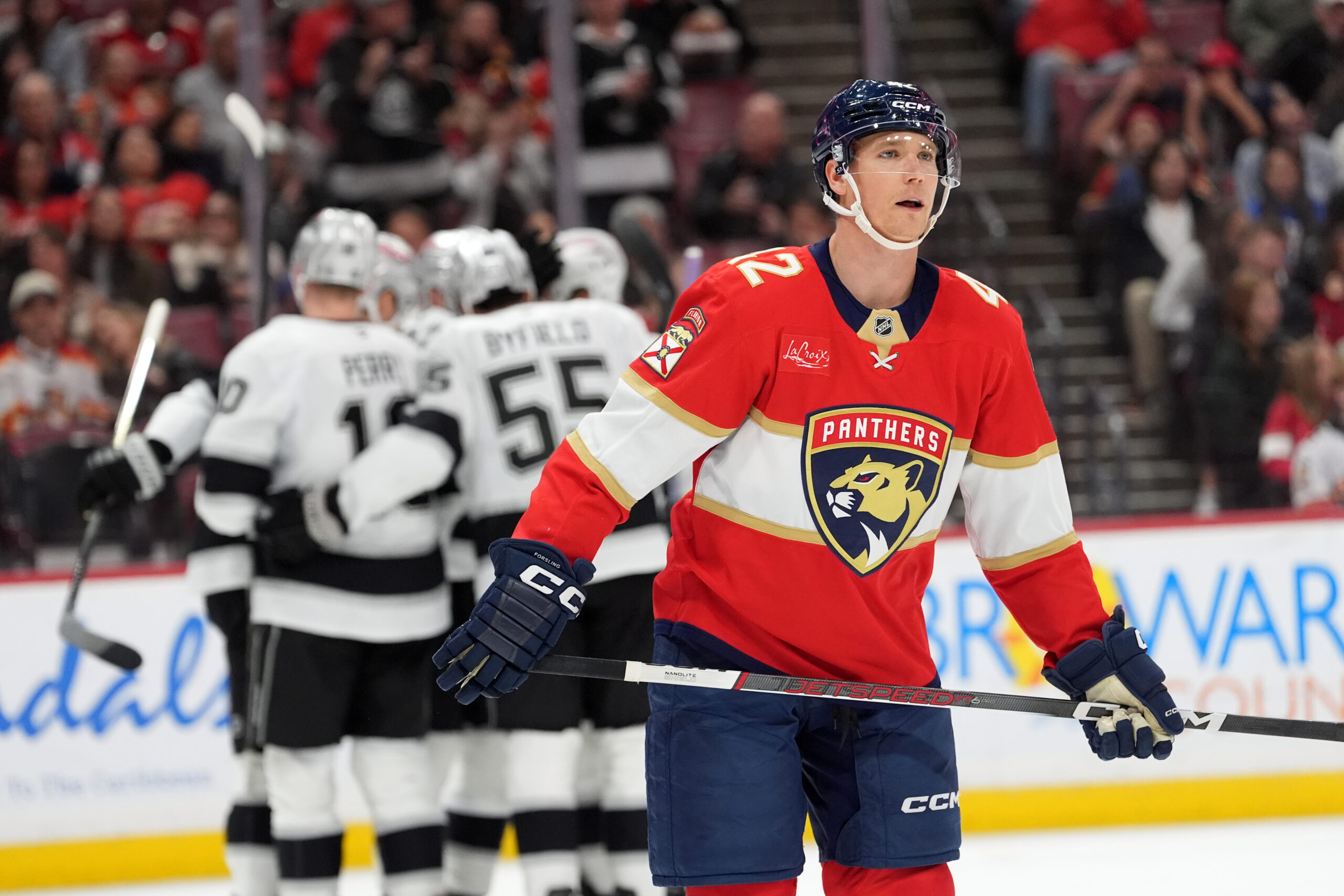 Florida Panthers defenseman Gustav Forsling (42) reacts as Kings players...