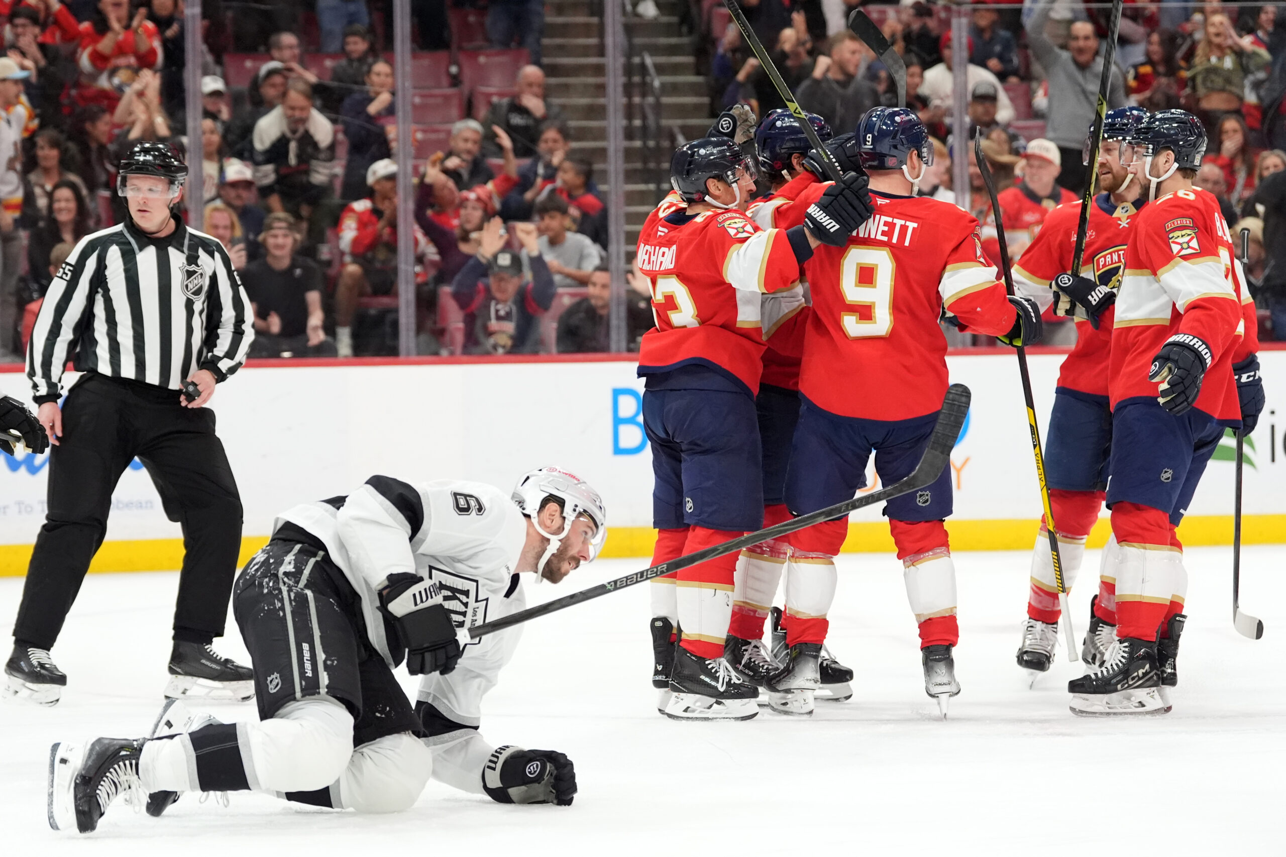 Florida Panthers players celebrate their team’s second goal, scored by...