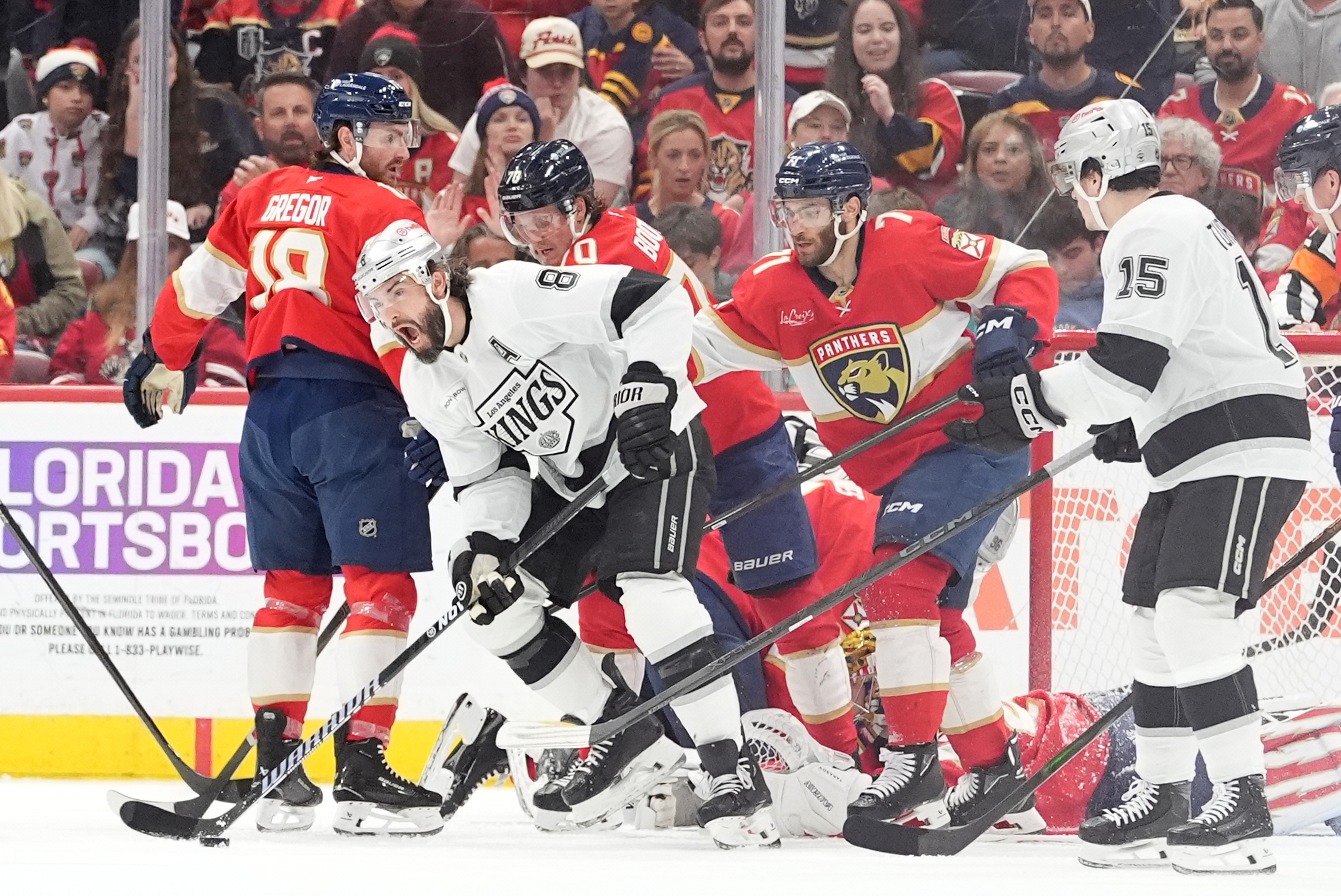 Kings defenseman Drew Doughty (8) reacts after an unsuccessful scoring...