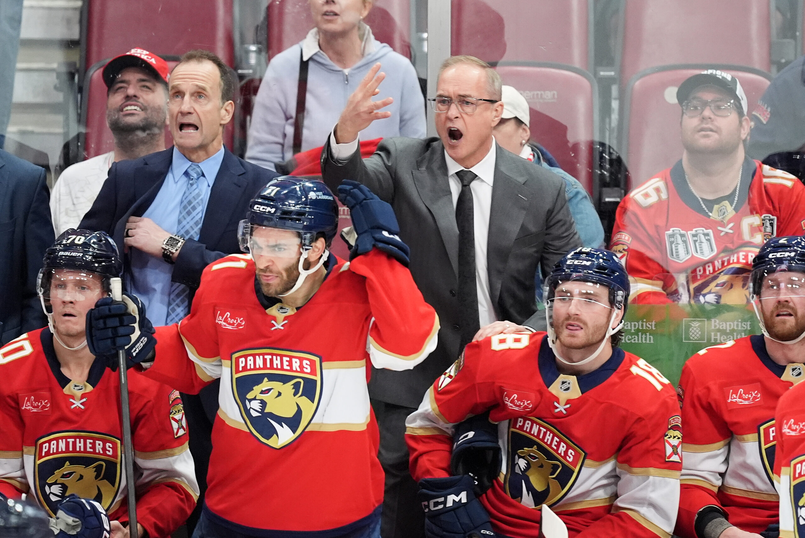 Florida Panthers head coach Paul Maurice, center top, reacts along...