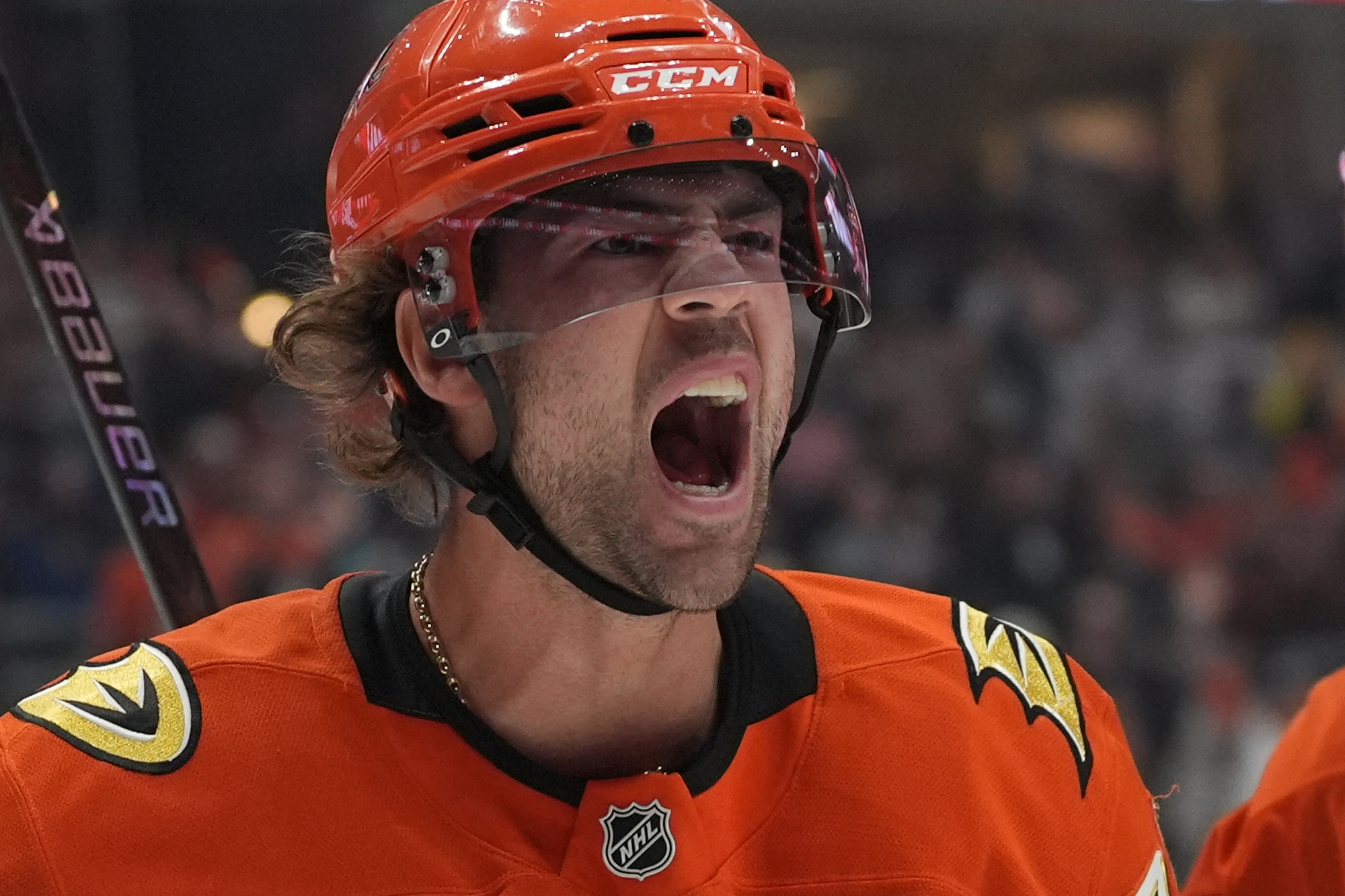 Ducks center Ryan Poehling celebrates his goal during the first...