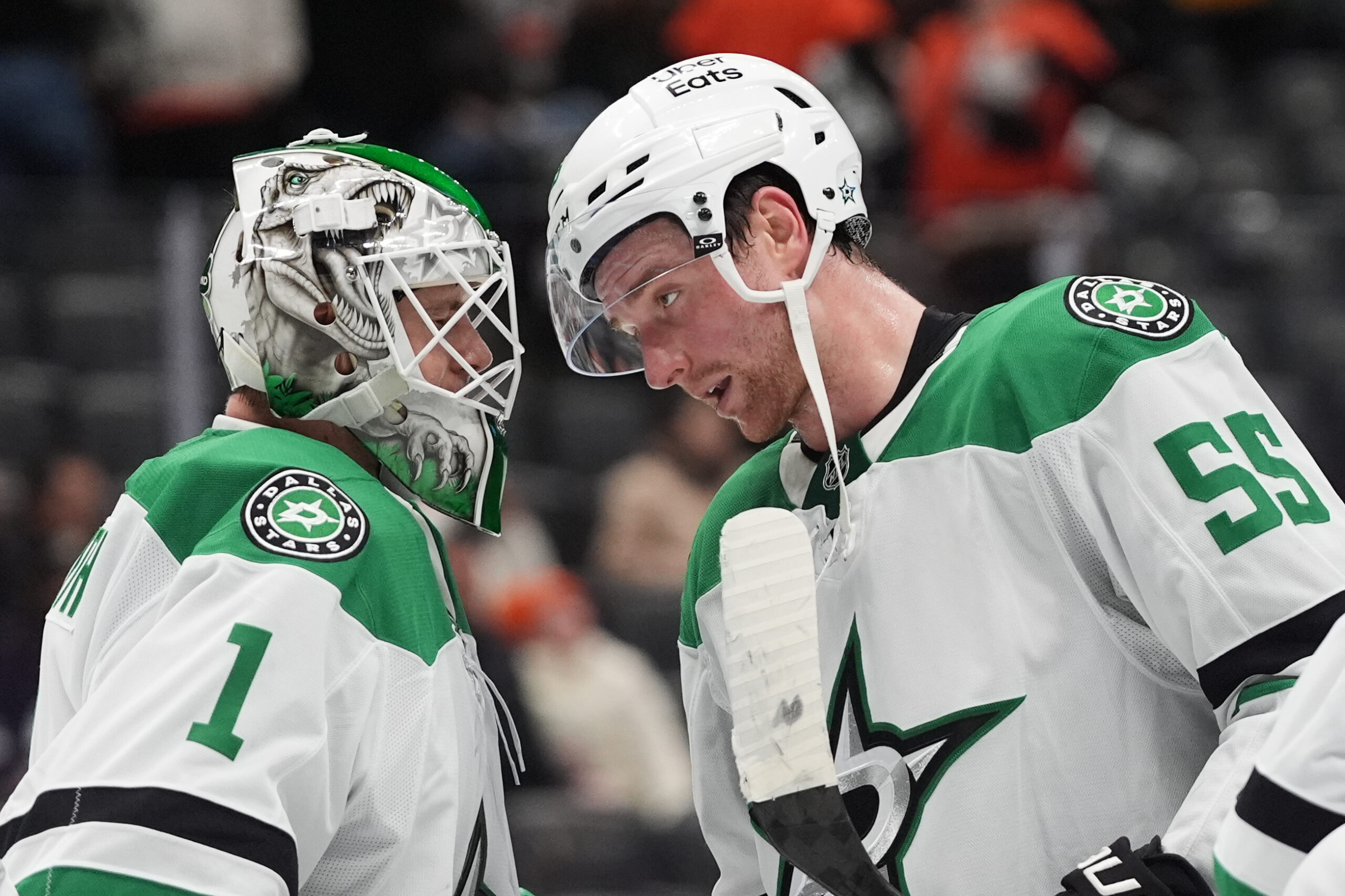 Dallas Stars defenseman Thomas Harley, right, celebrates with goaltender Casey...