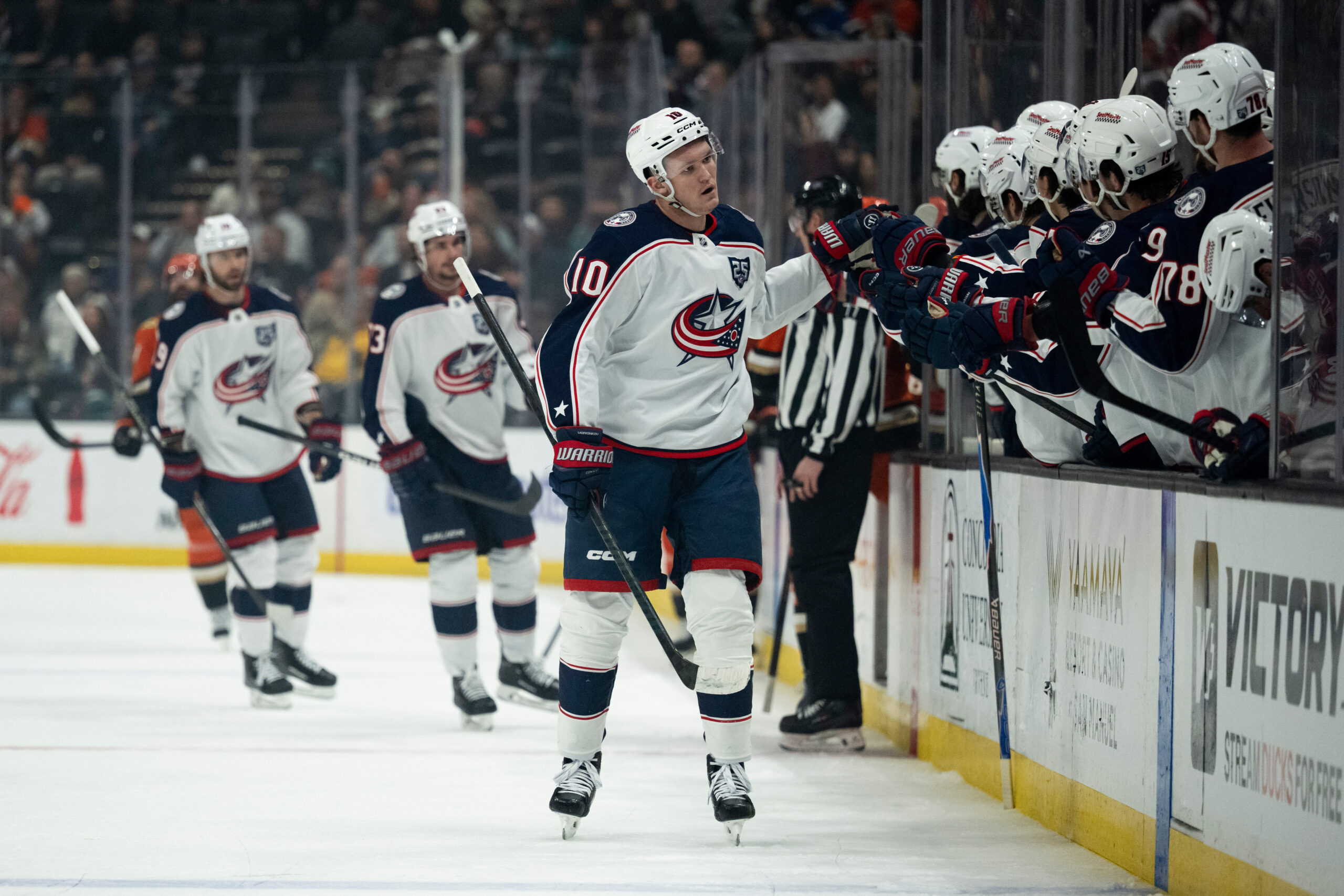 Columbus Blue Jackets left wing Dmitri Voronkov (10) celebrates his...