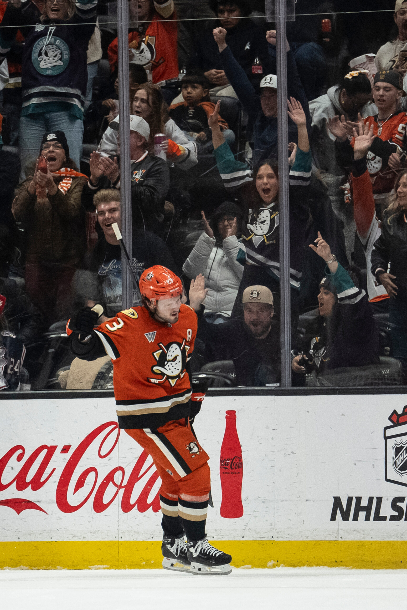 Ducks center Mason McTavish celebrates after his goal during the...