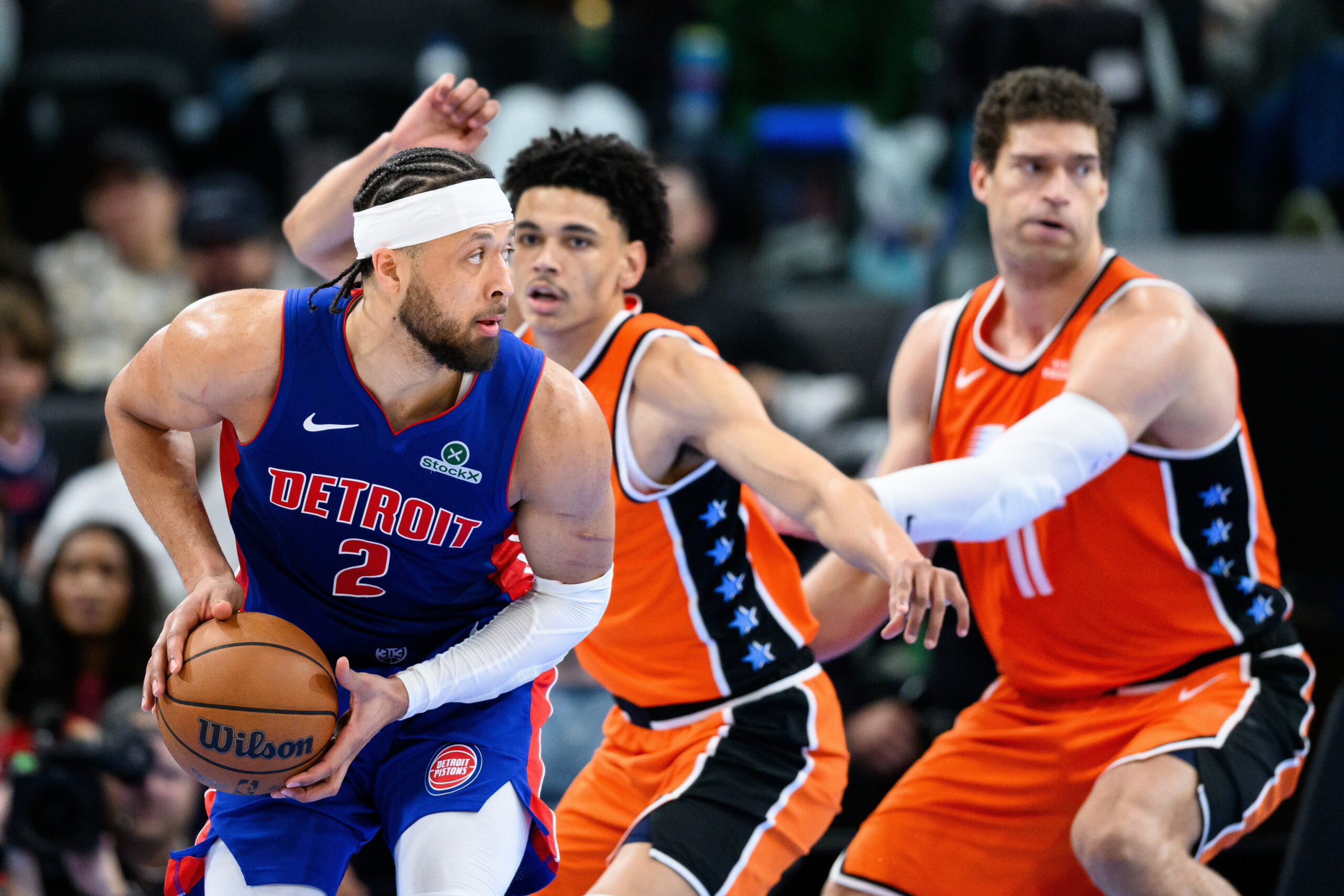 Detroit Pistons guard Cade Cunningham (2) controls the ball during...