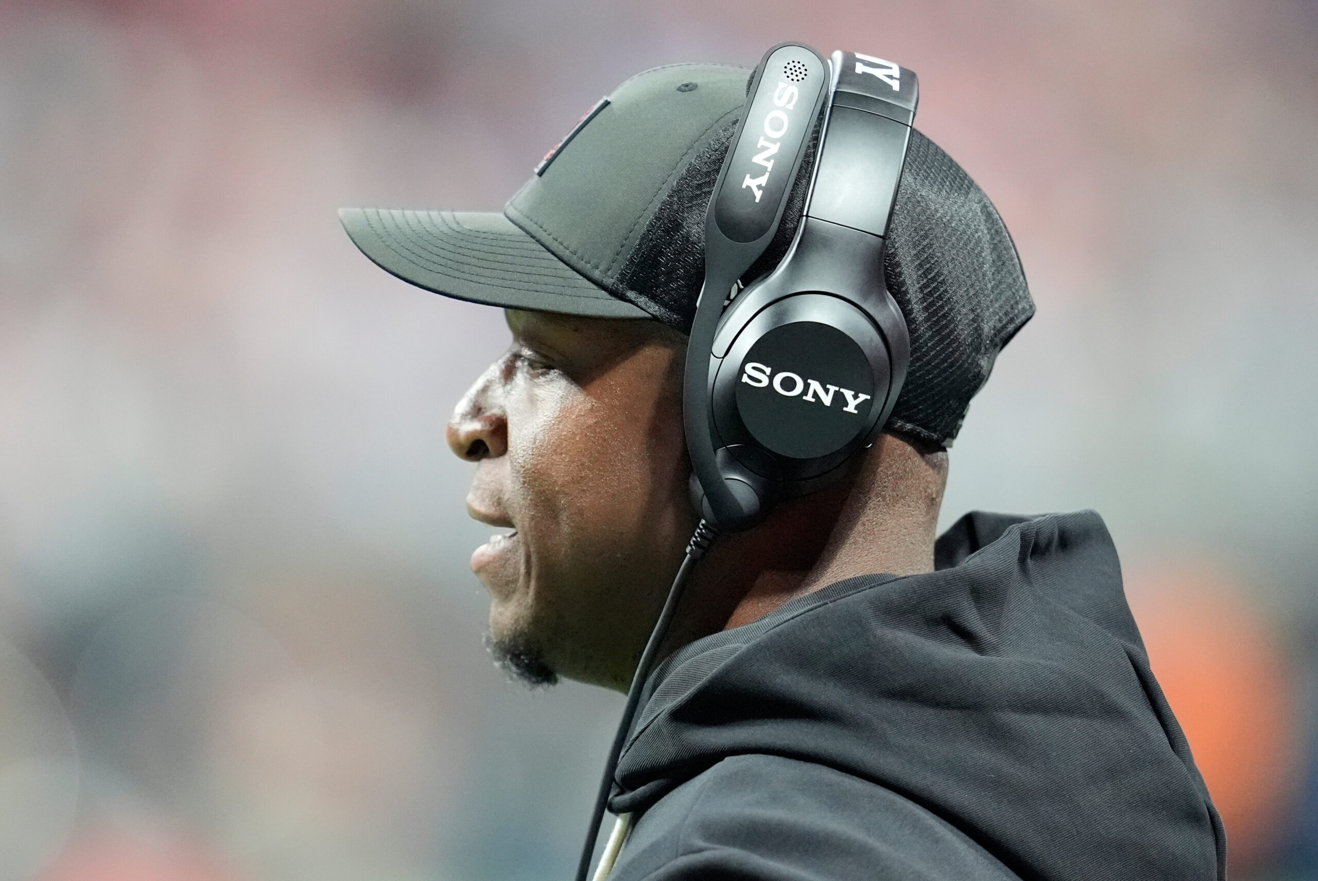 Atlanta Falcons head coach Raheem Morris watches from the sideline...