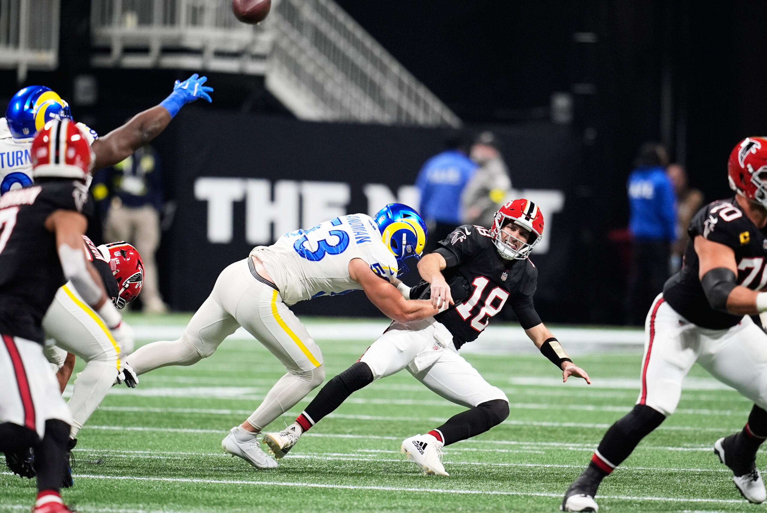 Atlanta Falcons quarterback Kirk Cousins (18) is hit by Los...