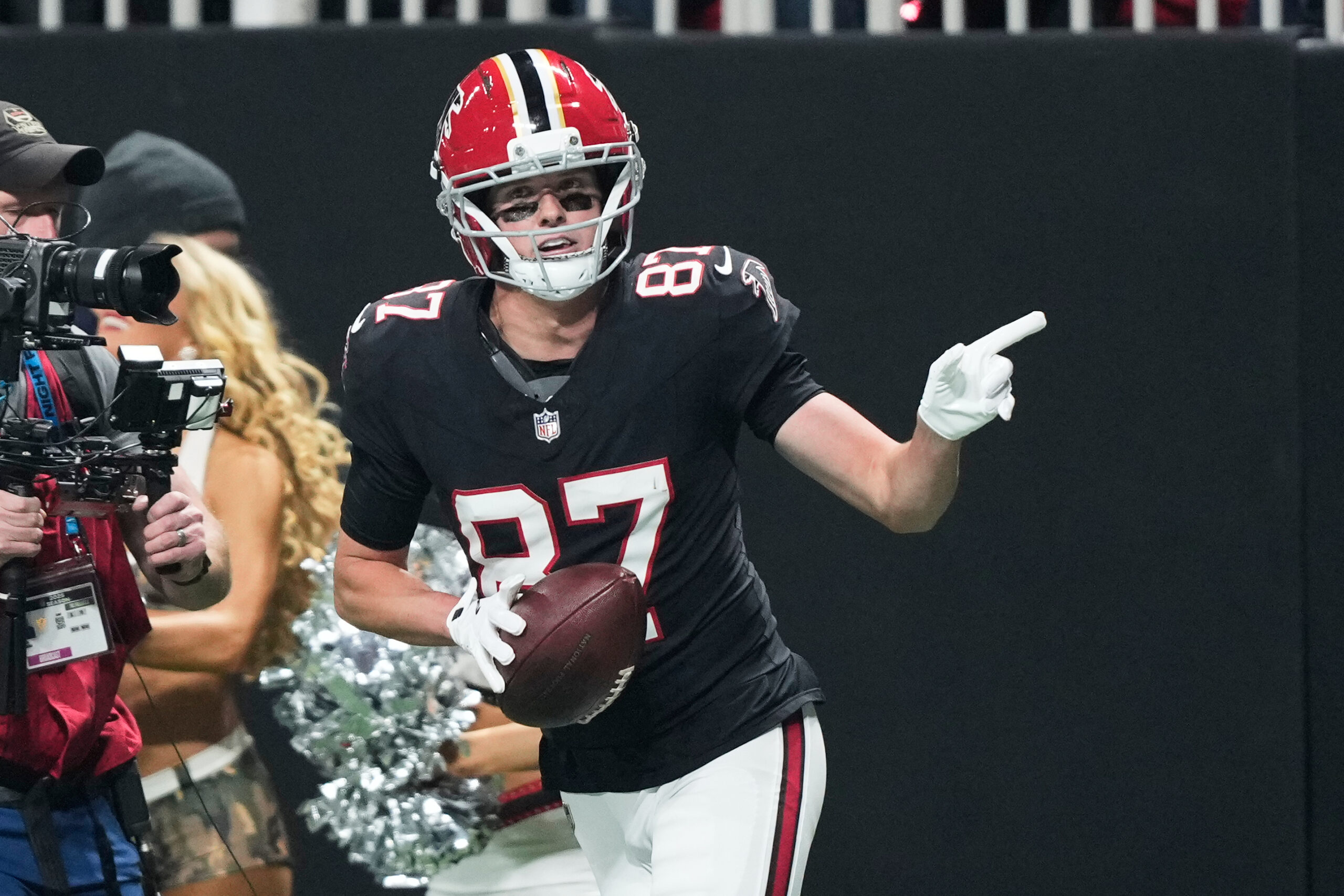 Atlanta Falcons wide receiver David Sills V (87) celebrates his...