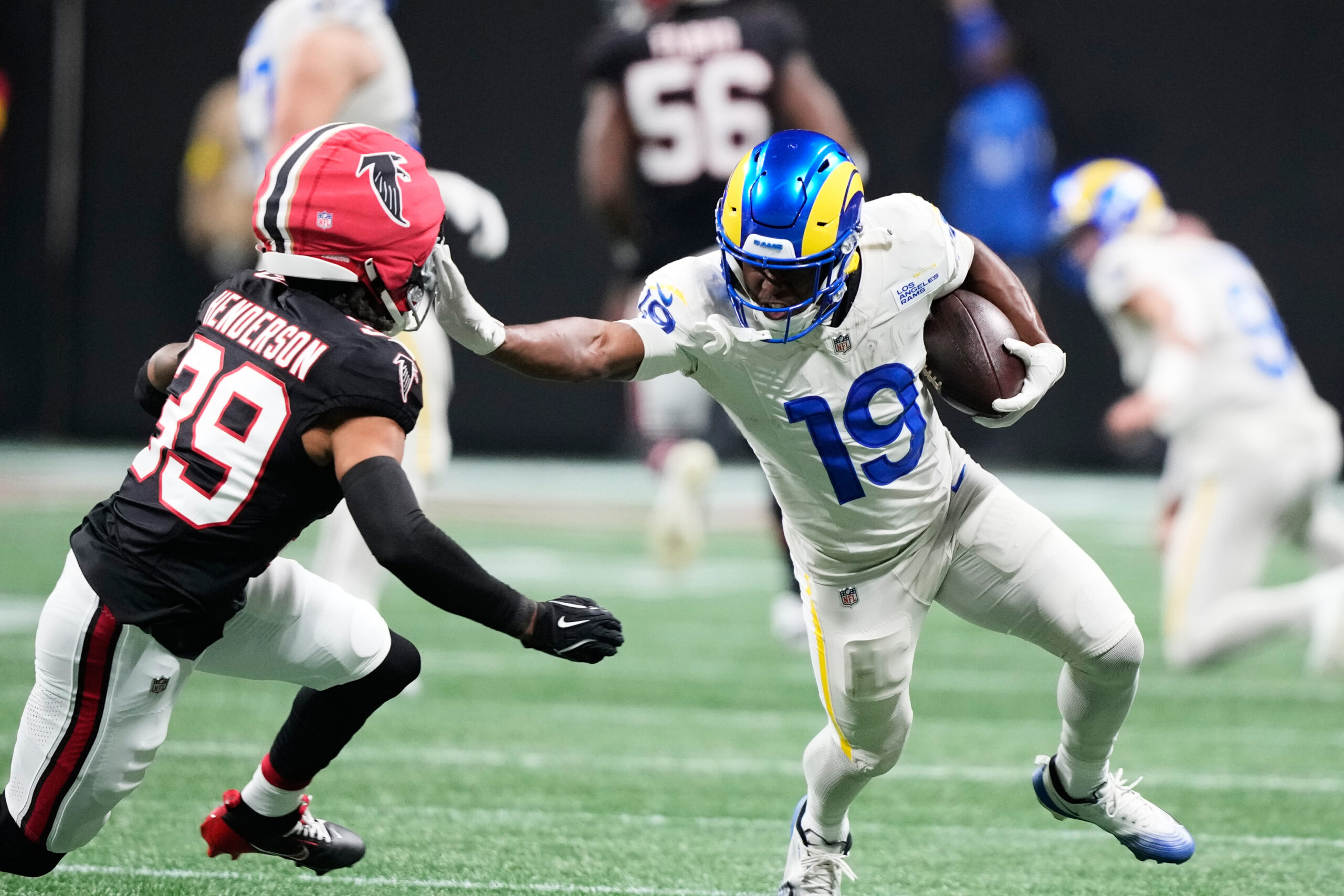 Rams wide receiver Xavier Smith (19) carries against Atlanta Falcons...