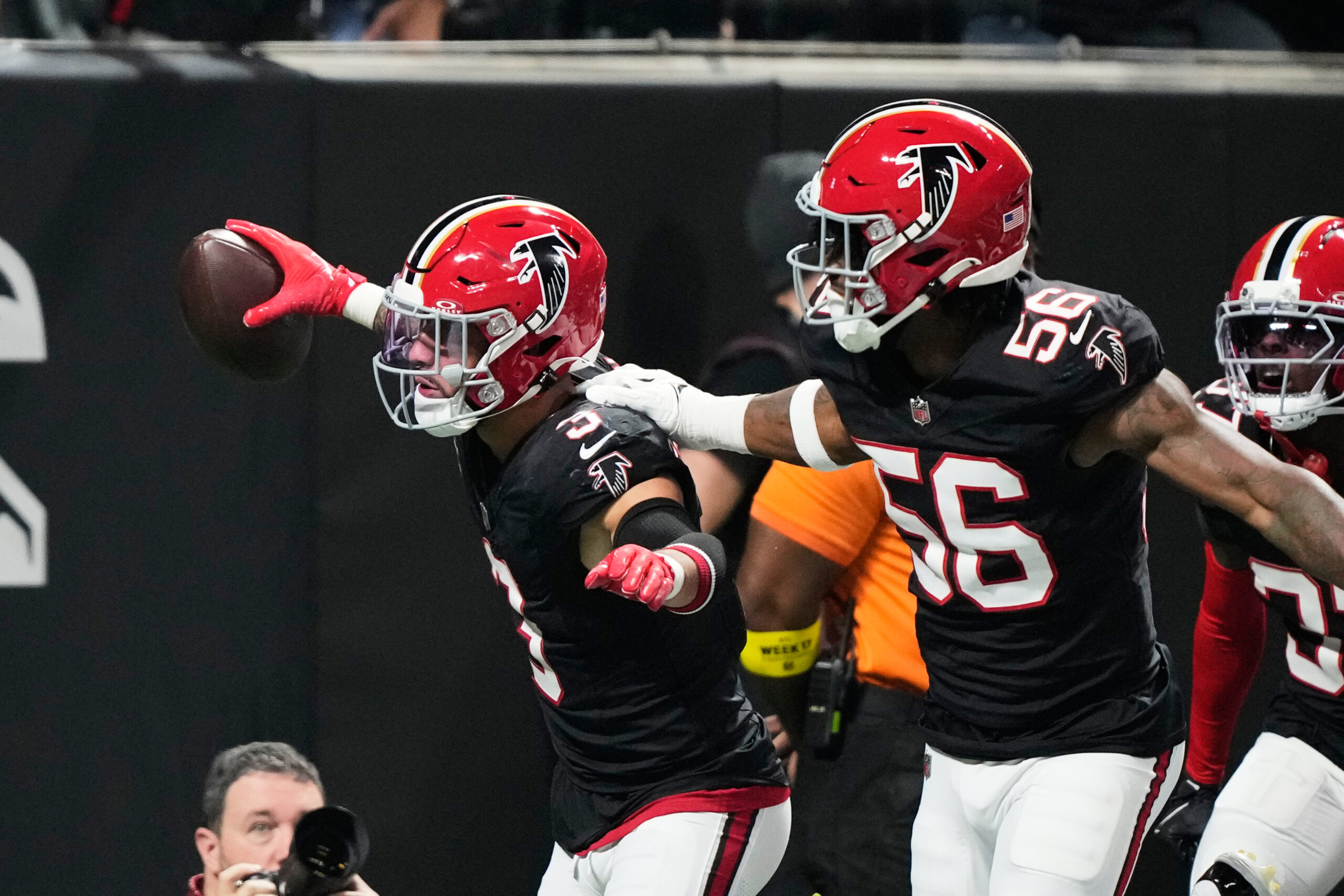 Atlanta Falcons safety Jessie Bates III (3) celebrates his pick-six...