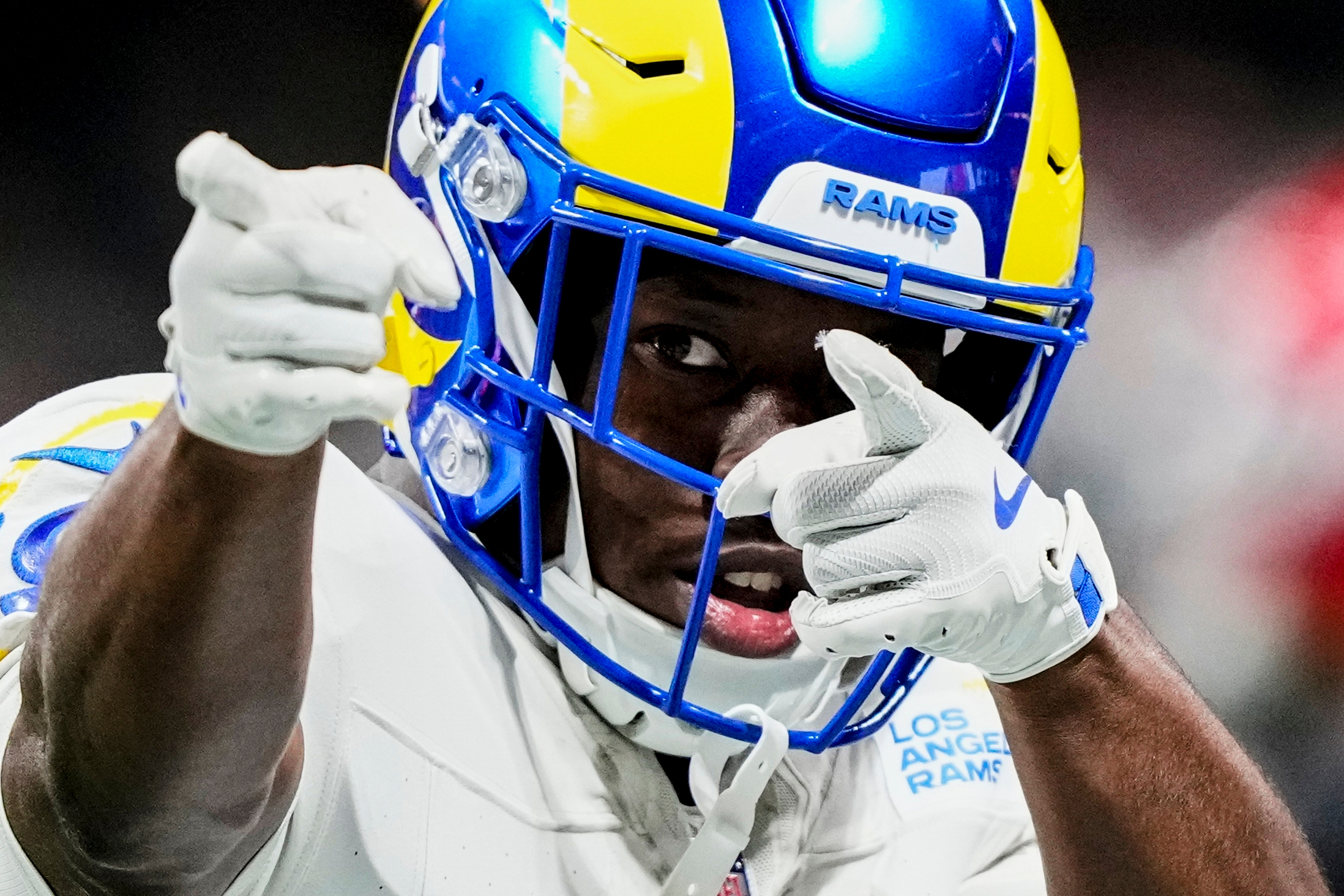 Rams wide receiver Xavier Smith (19) celebrates a first down...