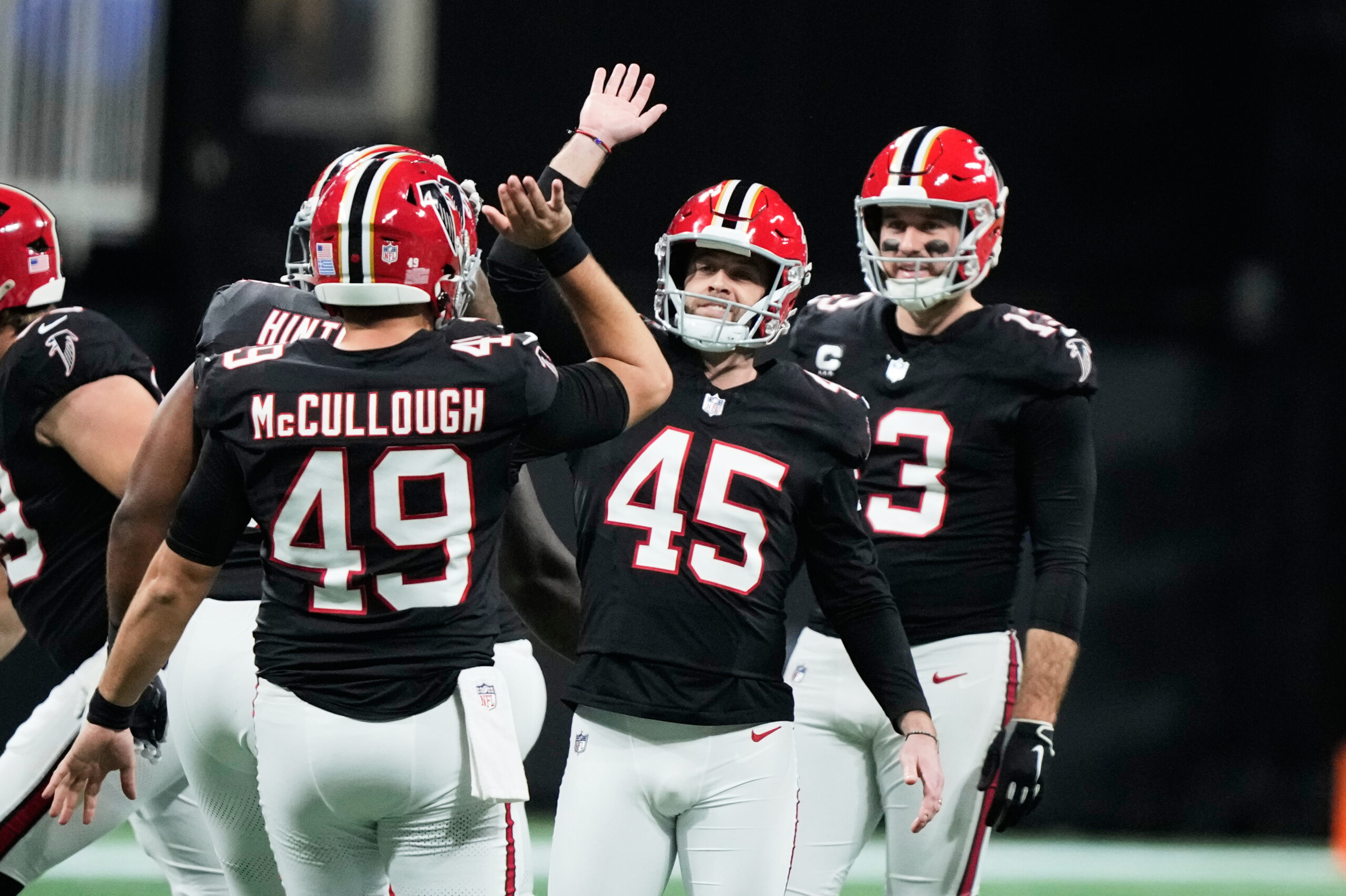 Atlanta Falcons place kicker Zane Gonzalez (45) celebrates his field...