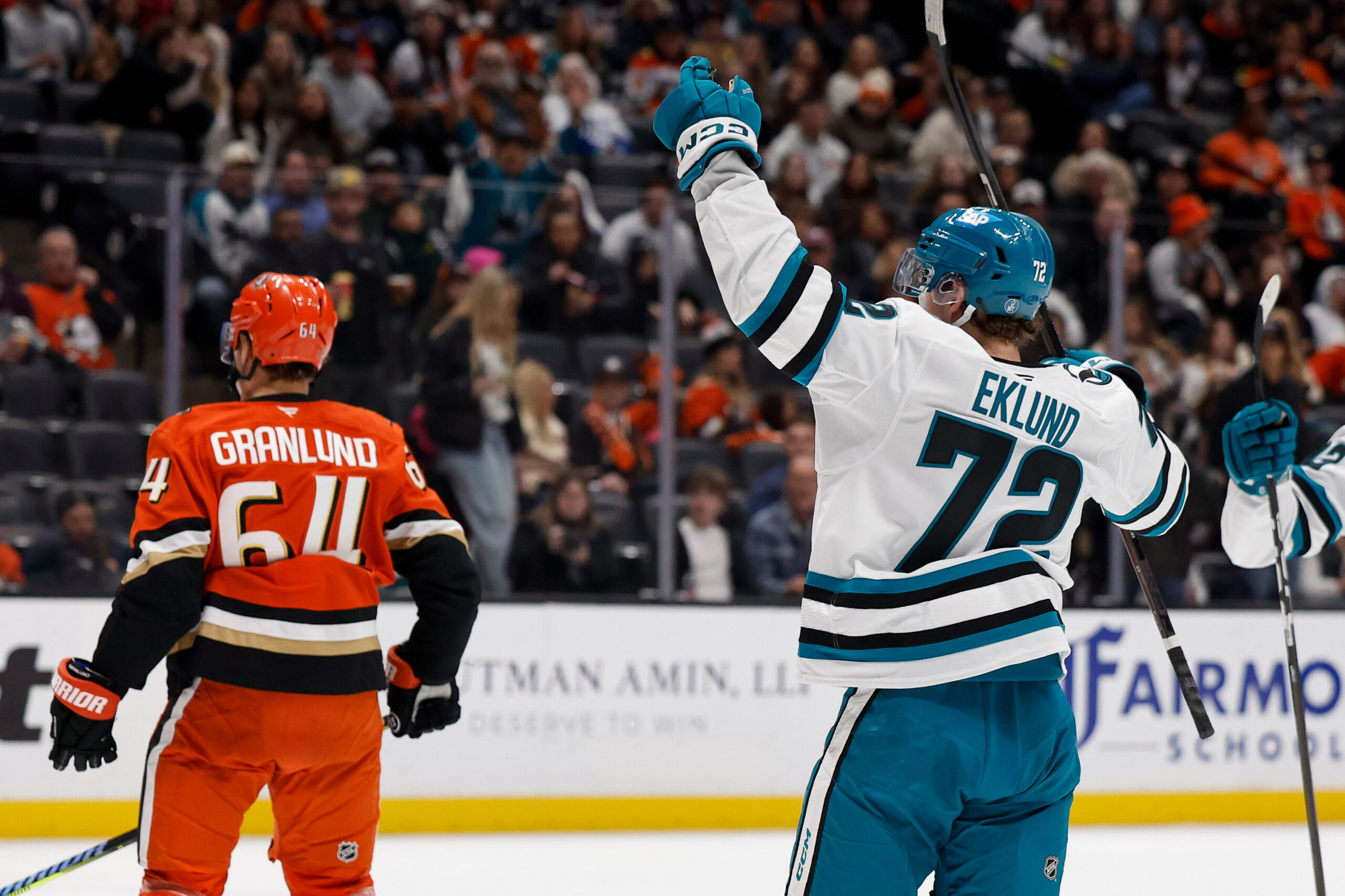 San Jose Sharks left wing William Eklund (72) reacts after...