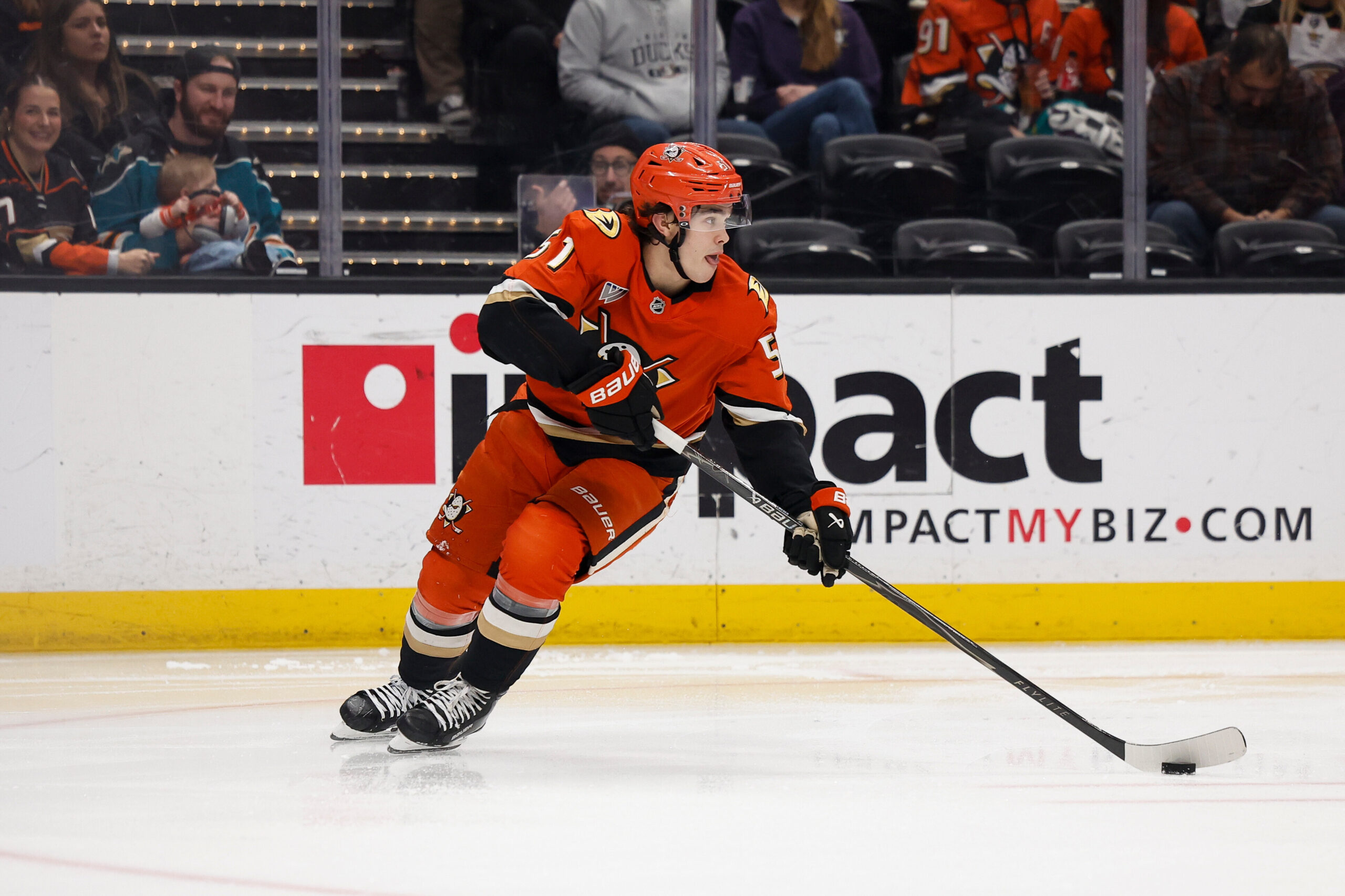 Ducks defenseman Olen Zellweger (51) skates with the puck during...