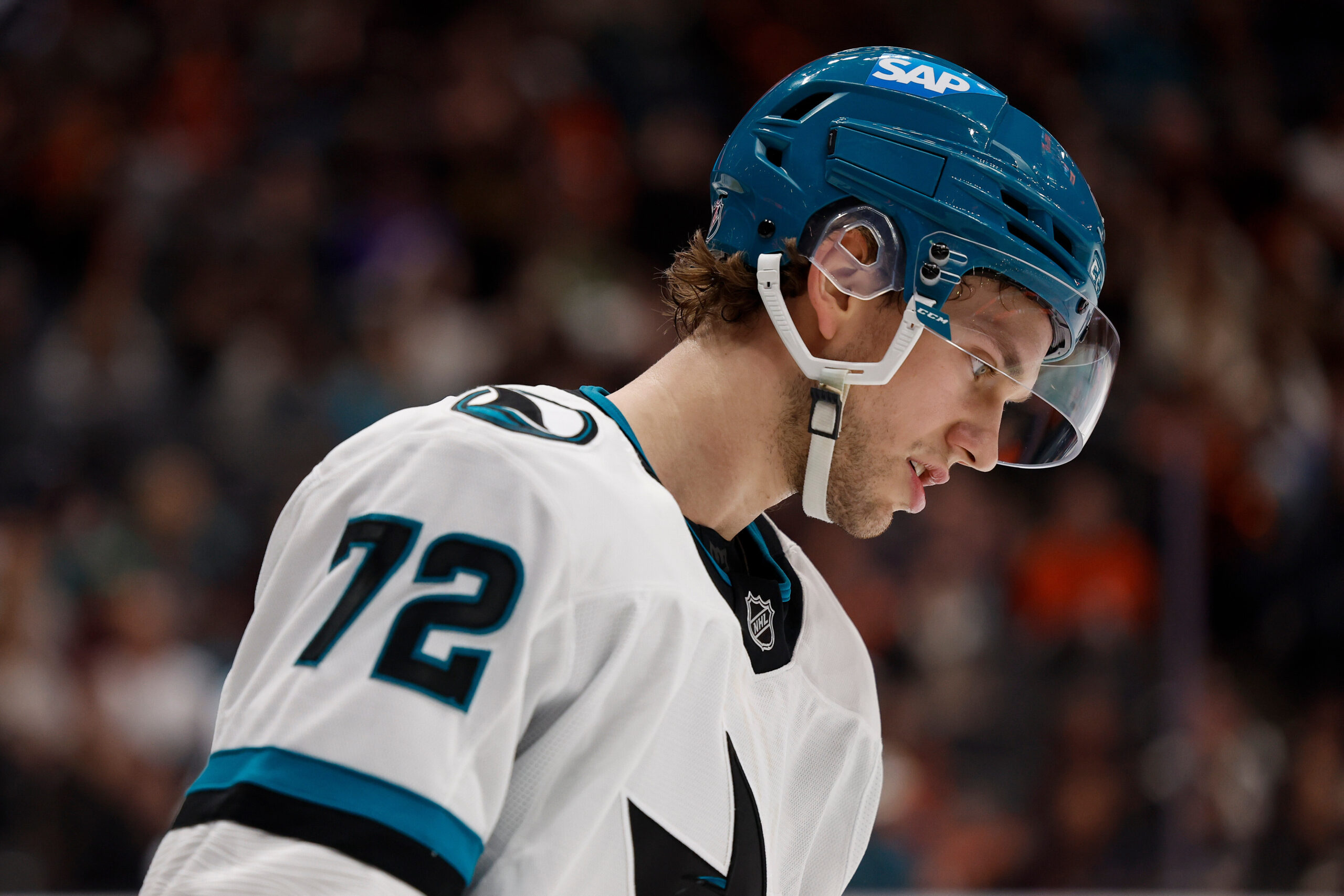 San Jose Sharks left wing William Eklund (72) reacts during...