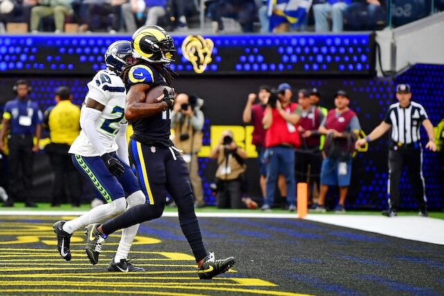 Nov 16, 2025; Inglewood, California, USA; Los Angeles Rams wide receiver Davante Adams (17) scores a touchdown during the first half against the Seattle Seahawks at SoFi Stadium. Mandatory Credit: Gary A. Vasquez-Imagn Images Davante Adams, Rams, Seahawks
