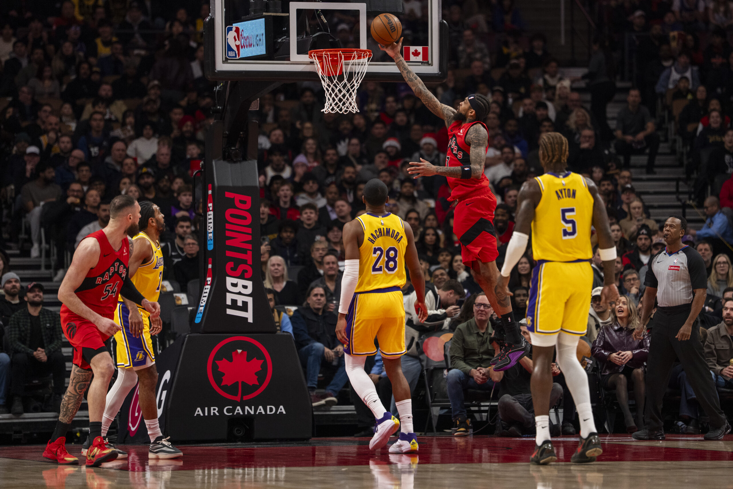 The Toronto Raptors’ Brandon Ingram gets to the basket for...