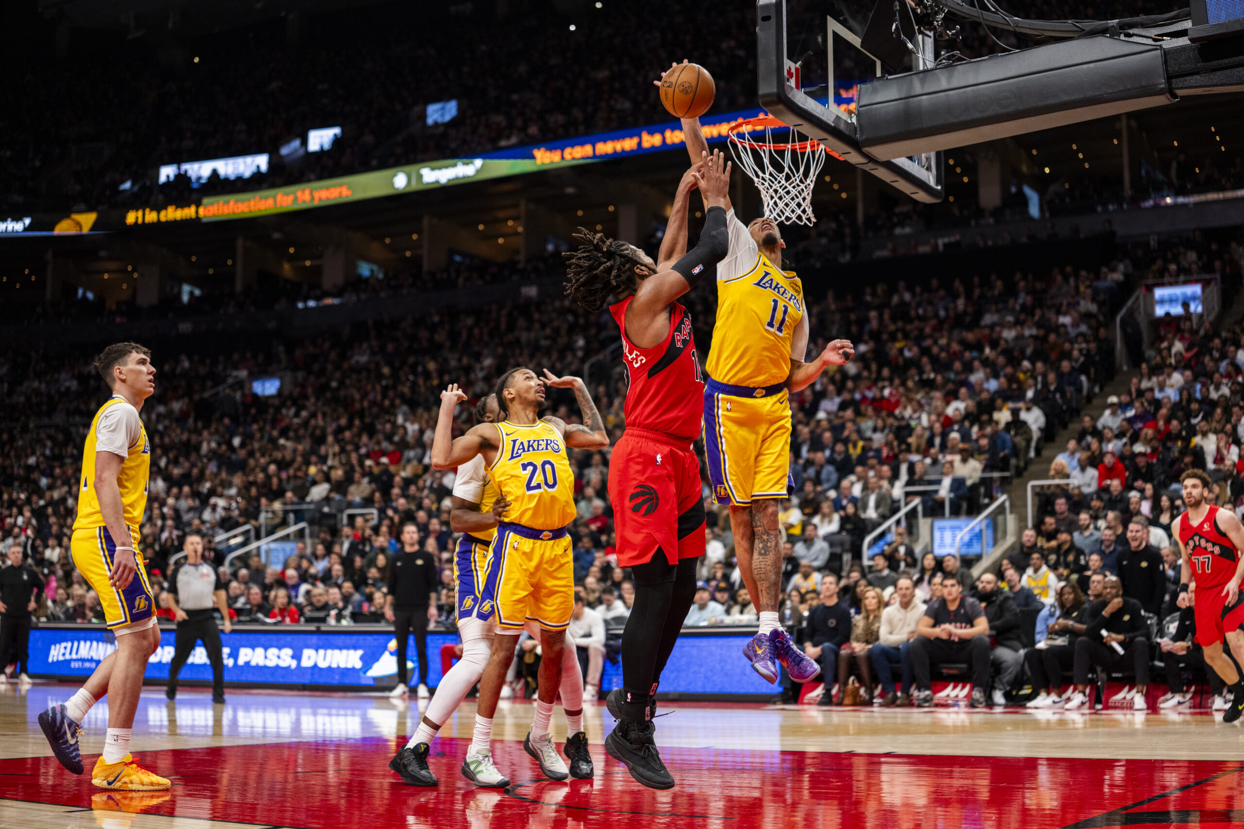 Lakers center Jaxson Hayes (11) blocks a shot by the...