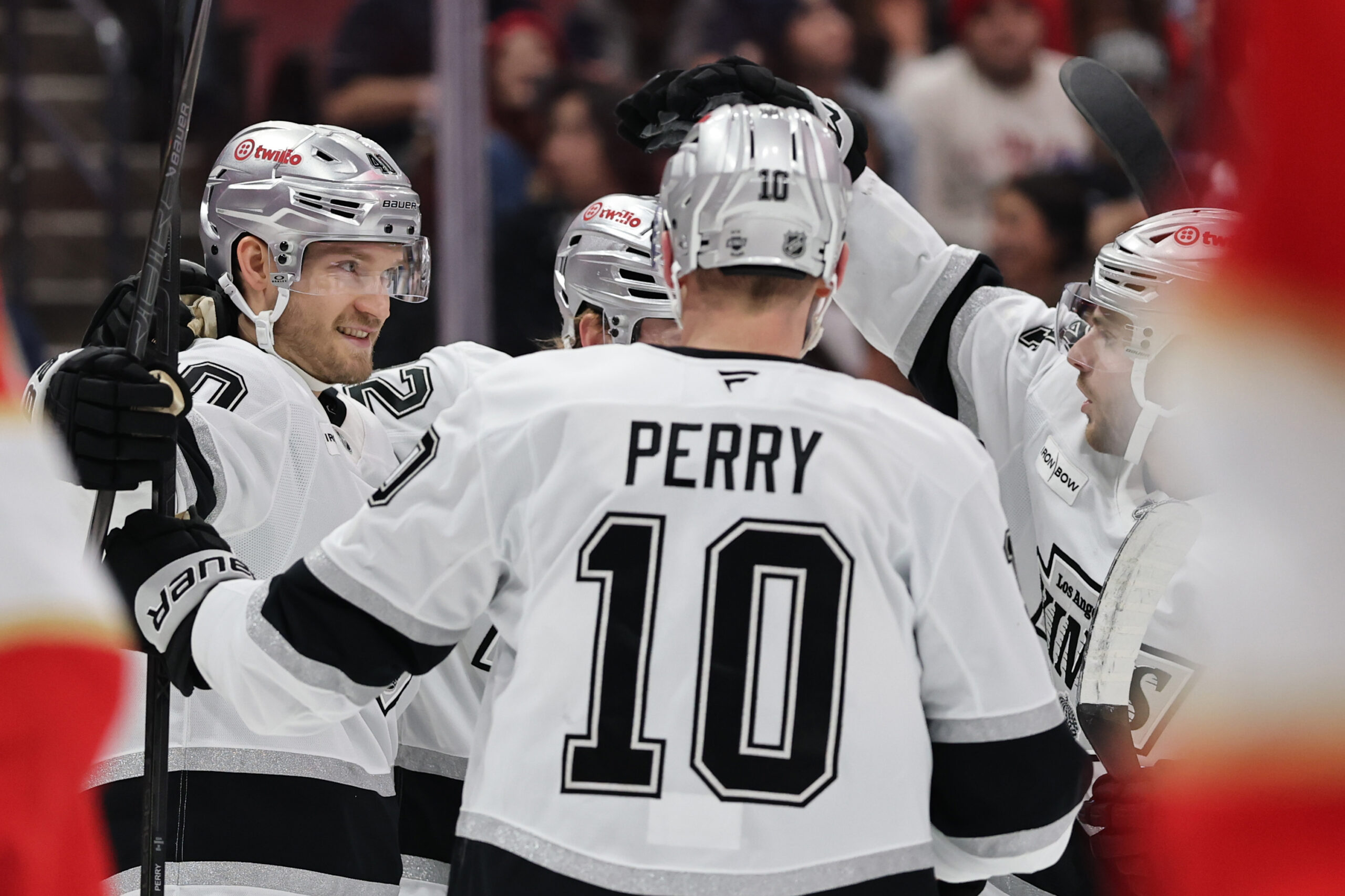 The Kings’ Joel Armia, left, celebrates his goal with Brandt...
