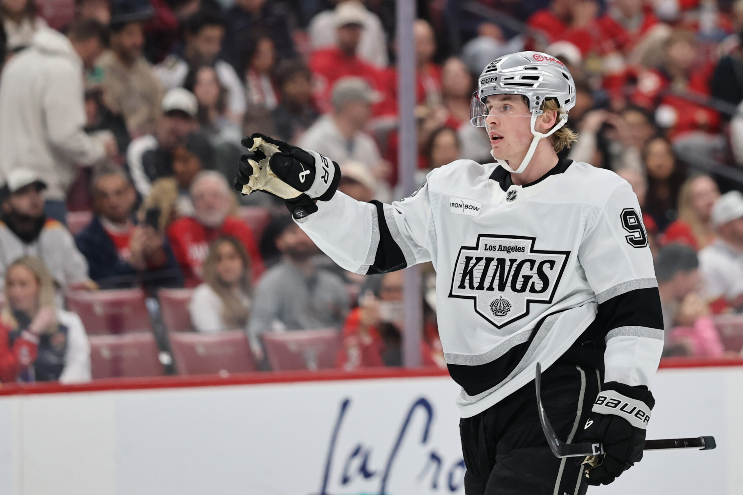 The Kings’ Brandt Clarke gestures during the first period of...