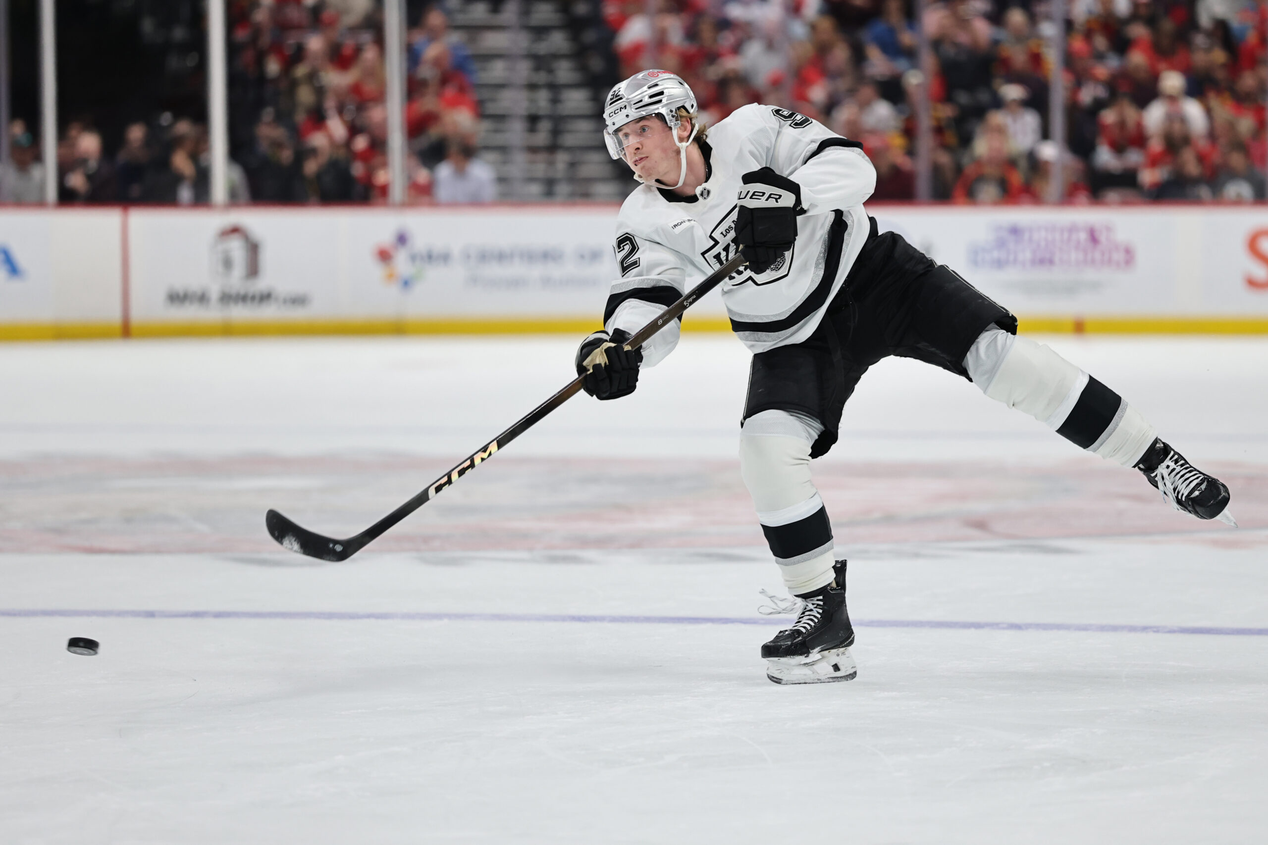 The Kings’ Brandt Clarke first the puck at the net...