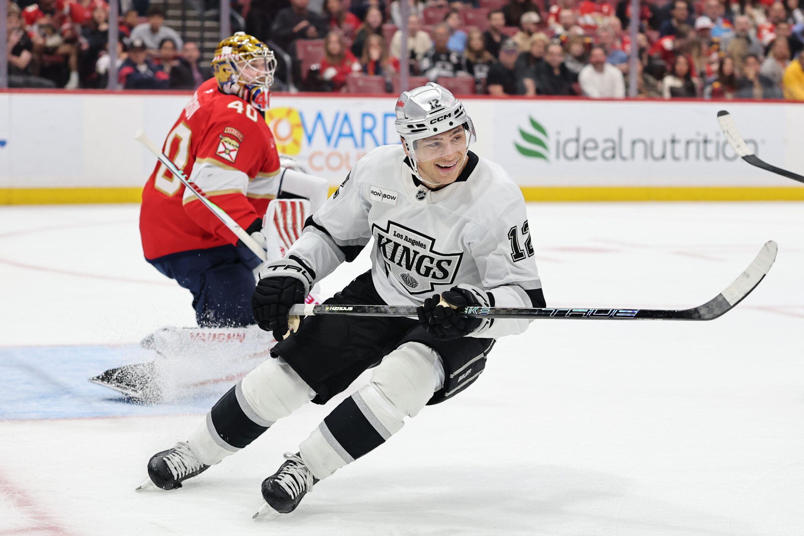 The Kings’ Trevor Moore reacts after Florida Panthers goaltender Daniil...
