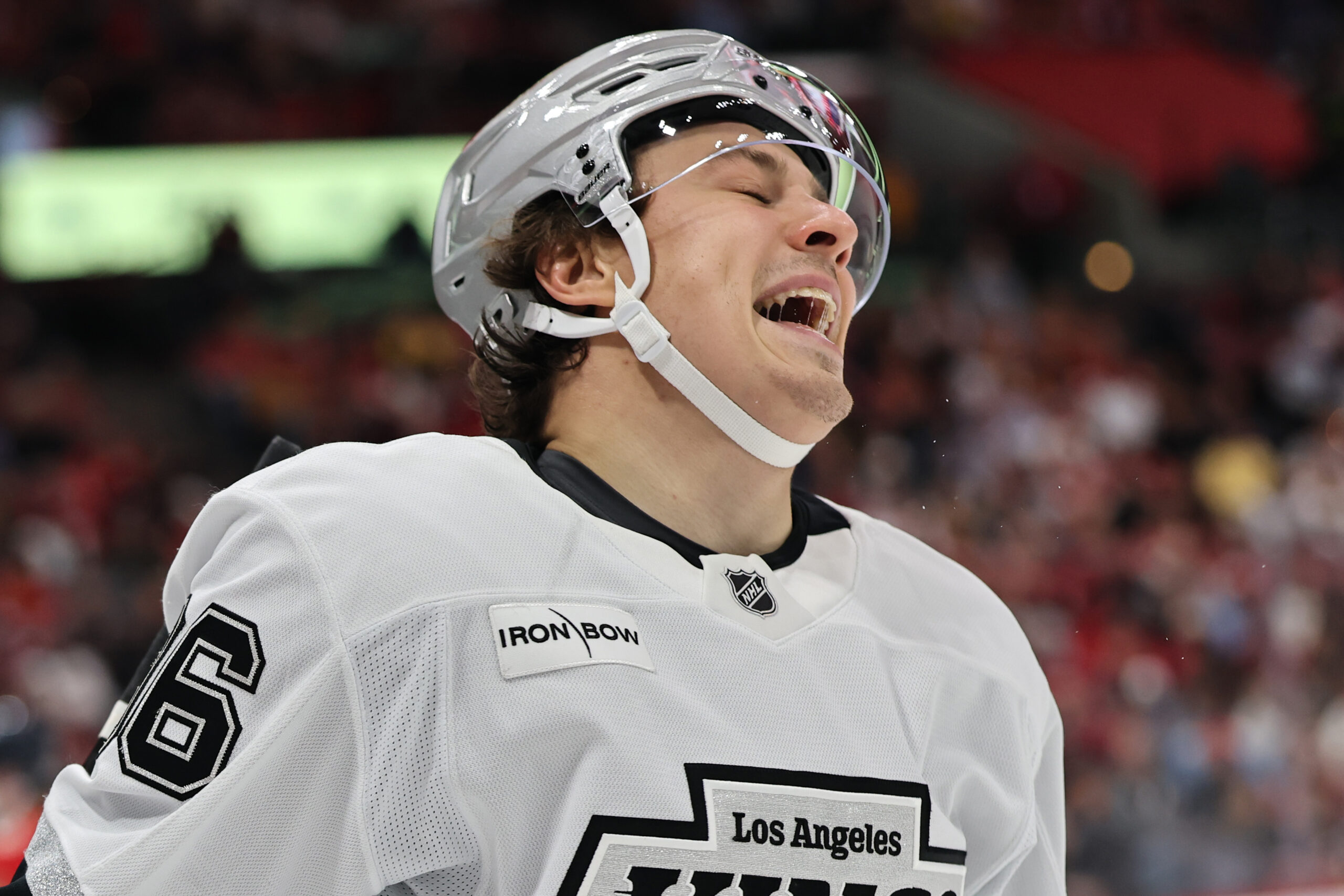 The Kings’ Andrei Kuzmenko reacts during the third period of...