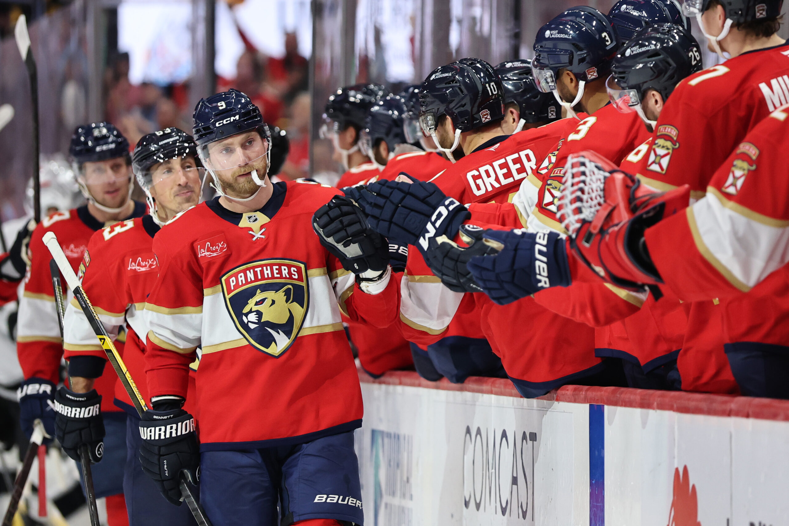The Florida Panthers’ Sam Bennett celebrates with teammates on the...