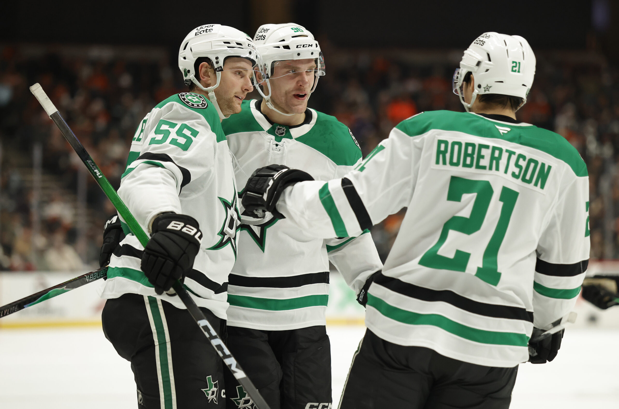 The Dallas Stars’ Thomas Harley, left, celebrates a goal with...