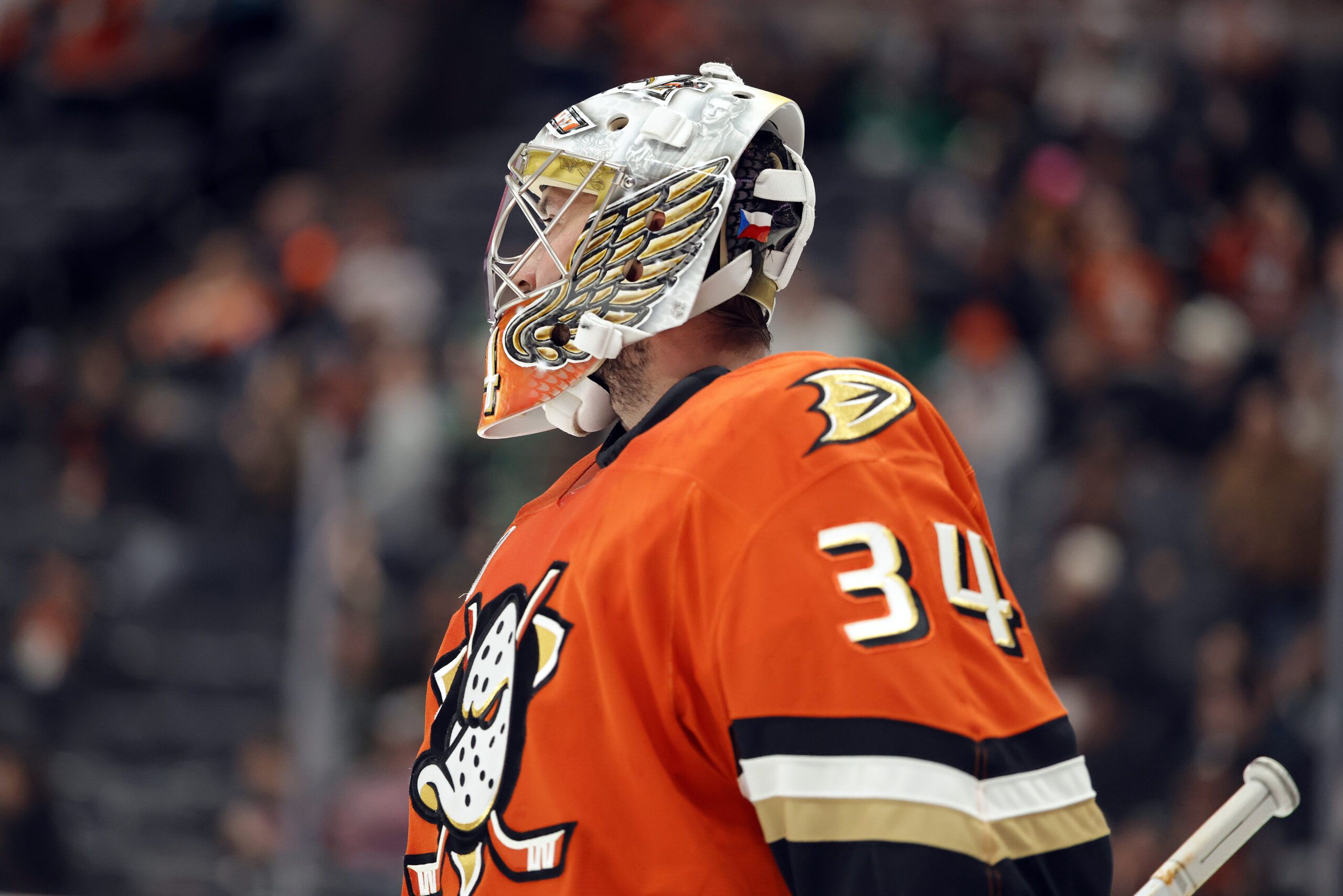 Ducks goaltender Petr Mrazek looks down the ice during a...